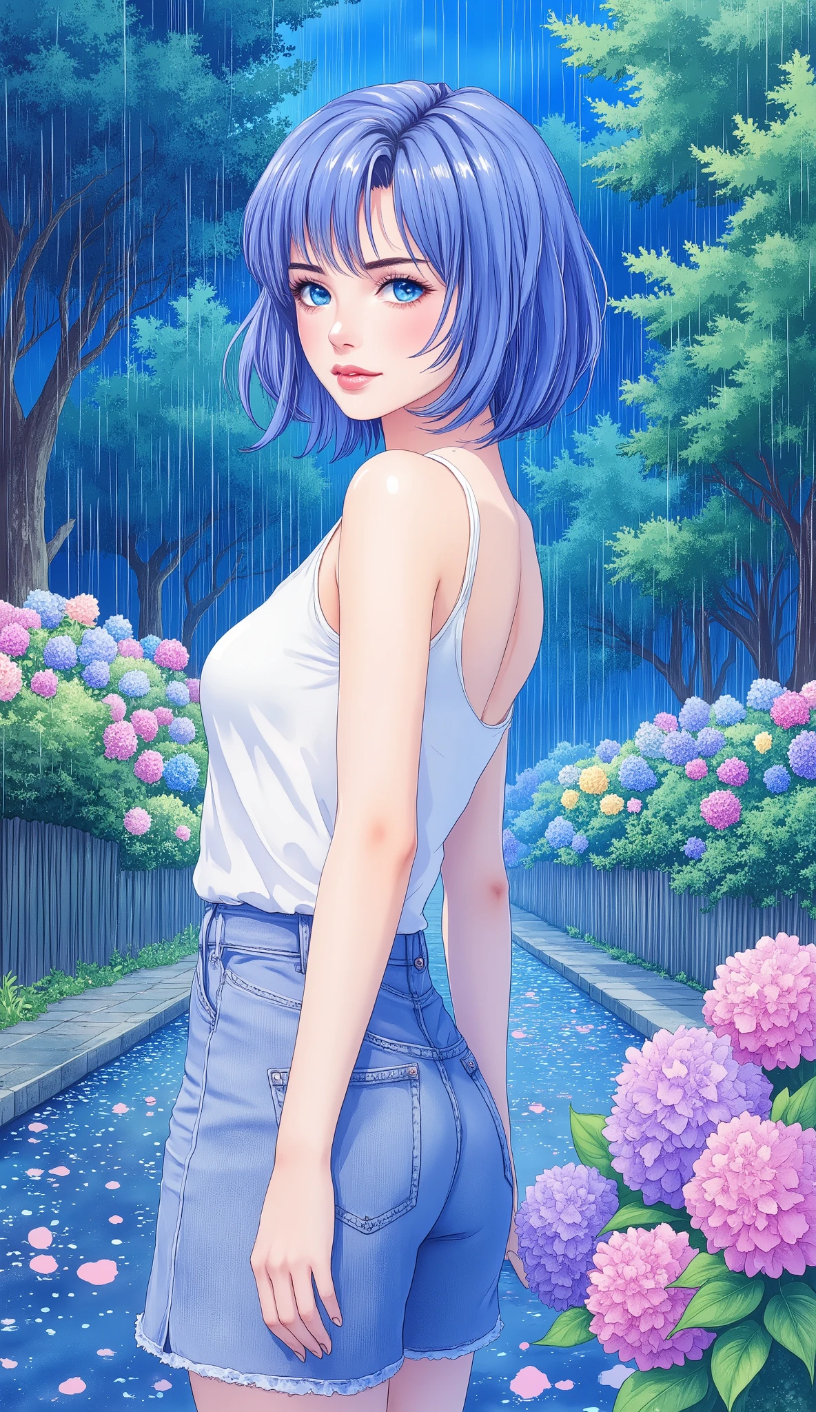 (masterpiece), ( best quality), ( super detailed), (Illustration),1 female,テーマはrainの中を歩く女性, beautiful eyes, short bob, blue hair , casual outfits, beautiful gradation , (Beautiful hydrangea road :1.6),( blue based design ),( back view),( women turn around here ),(rain:1.5),( depth of writing),(dynamic),( face up:1.5),( beautiful face:1.3),( beautiful eyes:2.0), anime artwork, Flat Color ,80s anime style