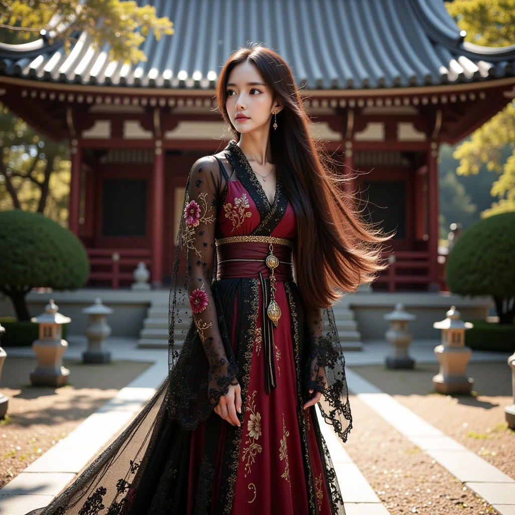 A graceful East Asian woman stands poised in front of a traditional Japanese temple, her long, flowing hair gently lifted by a soft breeze, creating a dynamic and ethereal effect. She is dressed in an exquisite fusion of traditional Japanese kimono and modern Western gown, combining elements of both cultures. The base of her attire is a luxurious kimono with a rich wine-red and black color palette, adorned with intricate gold embroidery depicting delicate floral and abstract patterns. The lower portion of the outfit flows like a Western ball gown, with a dramatic train cascading elegantly behind her.

The sleeves of the kimono are designed in a hybrid style, featuring Gothic black lace that drapes delicately down to the ground, creating a striking visual contrast against the traditional elements of the garment. The lace is intricately detailed with floral and ornamental motifs, adding a layer of sophistication and modernity. Her obi, styled with Western-inspired folds, is crafted from shimmering black and gold fabric, tied in an elegant and voluminous bow that harmonizes with the overall design.

The setting is a serene Japanese temple, showcasing traditional wooden architecture, curved tiled roofs, and red pillars. Lanterns hang from the beams, while stone lanterns and carefully pruned greenery frame the pathway leading to the temple gate. The temple’s majestic structure is bathed in warm, golden sunlight that filters through the trees, casting dappled light across the scene. The soft glow highlights the ornate details of the woman’s attire and the fine textures of the lace.

Her serene yet confident expression radiates poise and elegance as she gazes off into the distance. Her long, black hair flows dramatically in the wind, catching the light and adding a sense of motion and vitality to the image. The interplay of her flowing hair, the movement of her lace sleeves, and the soft swaying of her gown's train creates a mesmerizing dynamic against the stillness of the