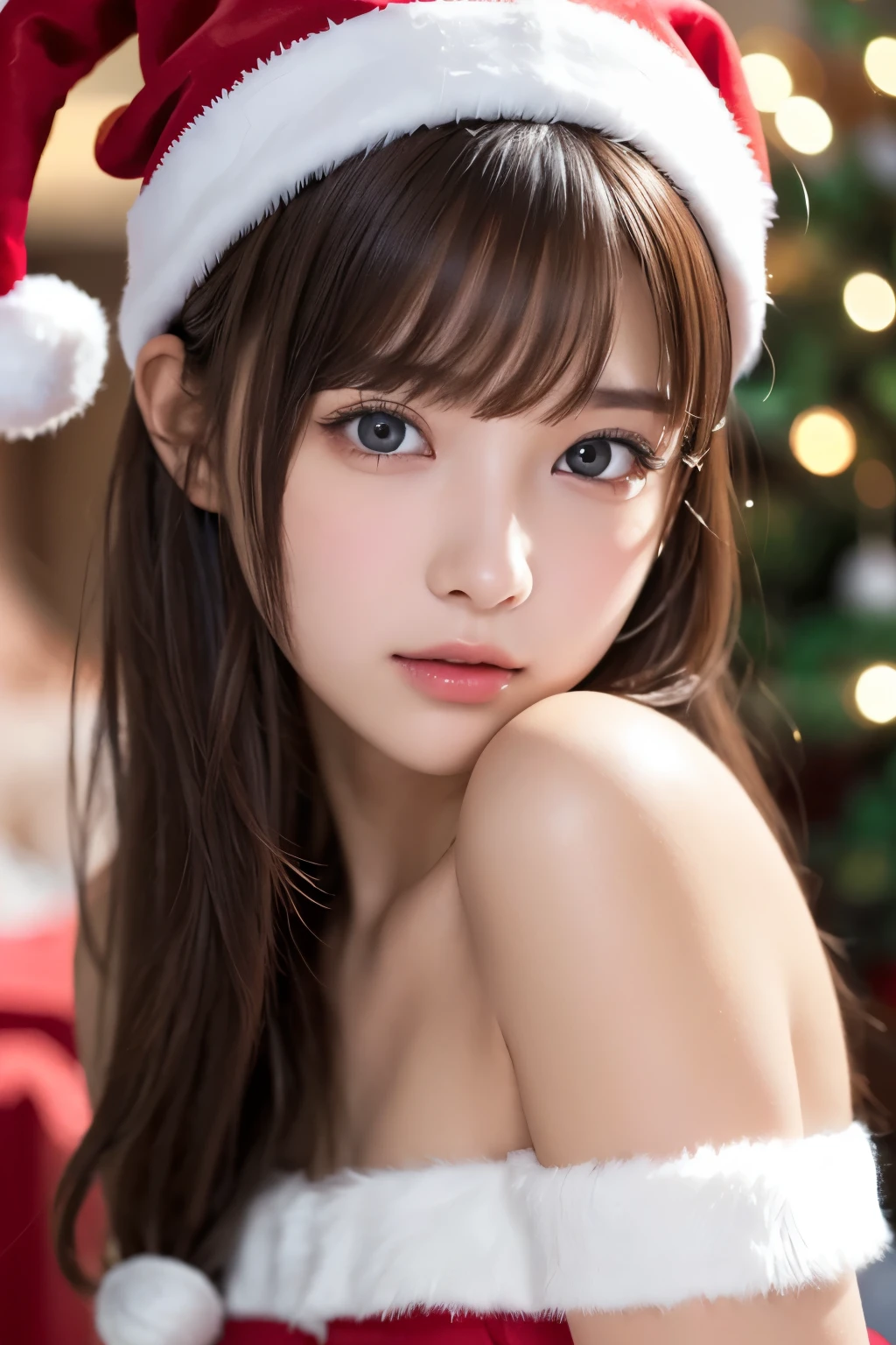 (A hyper-realistic),  (hight resolution),  (8K),  (ighly detailed),  (beatiful detailed eyes),  (top-quality),  (ultra-detailliert),  (​masterpiece),  (A detailed face), Face Focus, Soft Focus,  Beautiful woman , ((Solo)),Middle cleavage,Japanese, snowscape, ((wearing a sexy santa costume)), Wearing a Santa Hat, (her hair fits perfectly into a santa hat), yuki,((frilld)),  Beautiful detailed eyes,  Gentle smile,perfect 20 year old,1 girl,