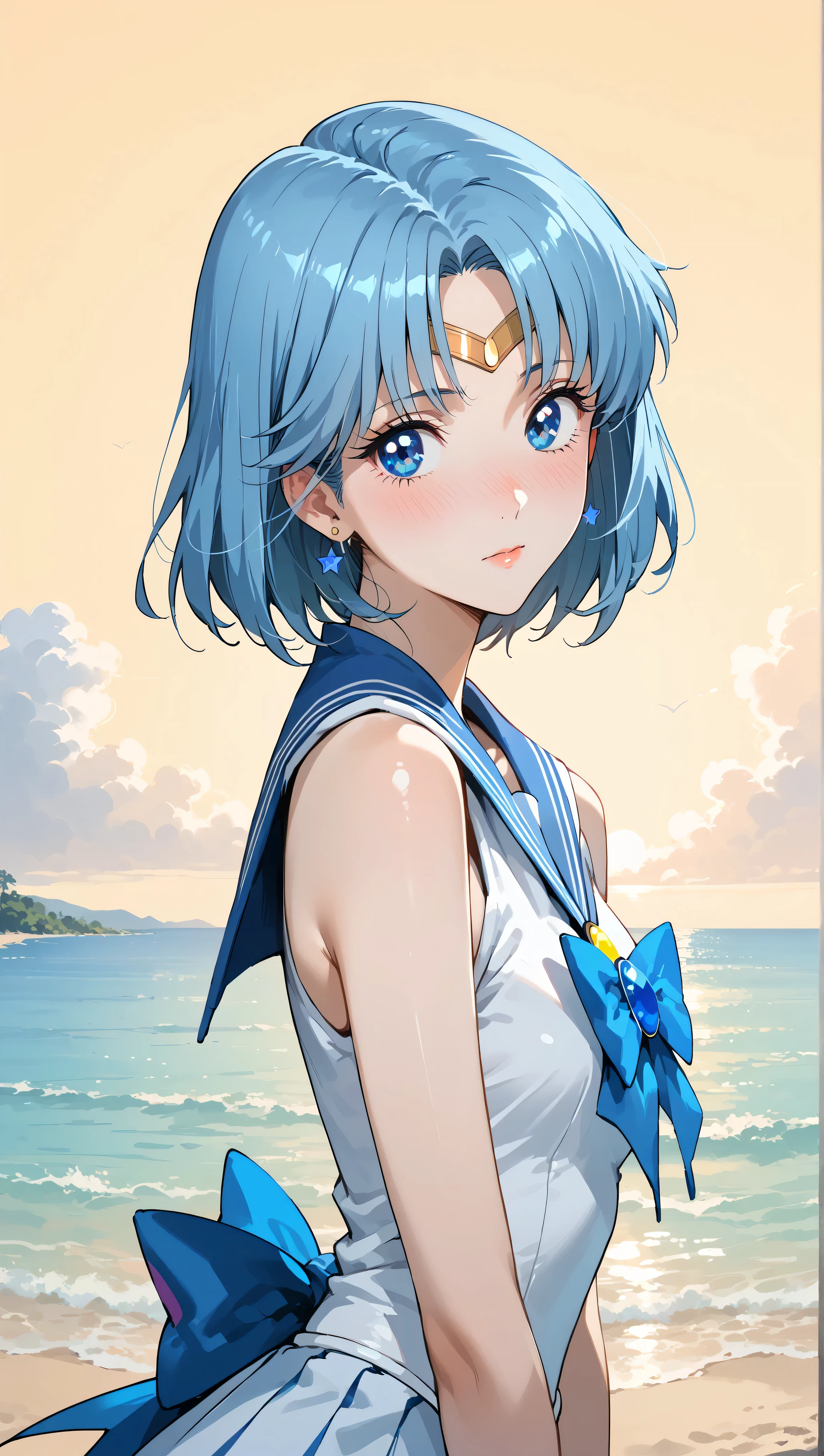 (highest quality:1.2, Very detailed, Latest, Vibrant, Super Detail, Ultra-high resolution, High Contrast, masterpiece:1.2, highest quality, Best aesthetics, there is:0.9), alone, (1 female), sailor mercury, blue hair, (blue eyes:1.3), minimal, 1girl, solo, blue eyes, nose blush, shy, looking at viewer, tight round butt, cute overload, small breasts, slim figure, contrapposto, (beautiful sandy shore), (ocean in background), (beautiful yellow sky),