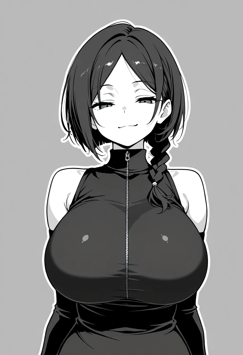 score_9, 1 girl, alone, (parted bangs:1.2), smile, cute, bob cut, single braid, long braid, black shirt, zipper on shirt, sleeveless, off shoulder, standing, (black turtleneck:1.2), black arm warmers, small arm warmers, tight arm warmers

monochome, greyscale, outline, looking at you, smirk, upper body, grey background, half closed eyes,masterpiece,best quality,amazing quality,very aesthetic,absurdres,newest,portraitLooking at the viewer, huge breasts 