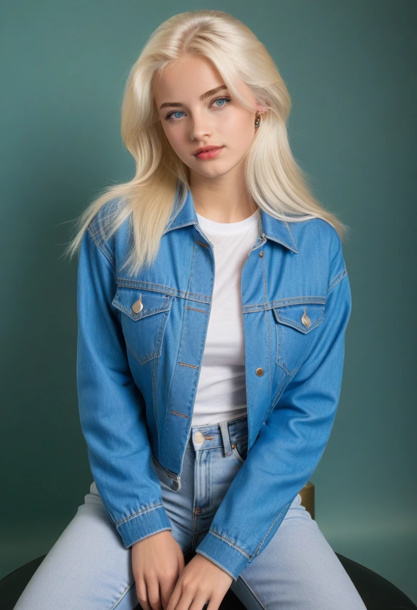 22 year old woman with platinum blonde hair, oval-face, blue eyes and 90s clothing and jeans