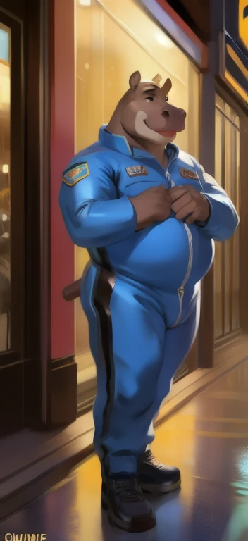 Solo, male, brown wolf, fat, overweight anthro, big spike brown hair, wearing party masquerade mask, (masked), (solo: 1.1), (detailed: 1.1), (masterpiece: 1.1), looking at viewer, licking lips, evil expression, police uniform, (blue police uniform: 1.1), (pants_down), golden shoes, (shoes: 1.0), smirking, erect penis, ( penis wearing a blue condom), front view, full-body view, at a back alley, by TheVale