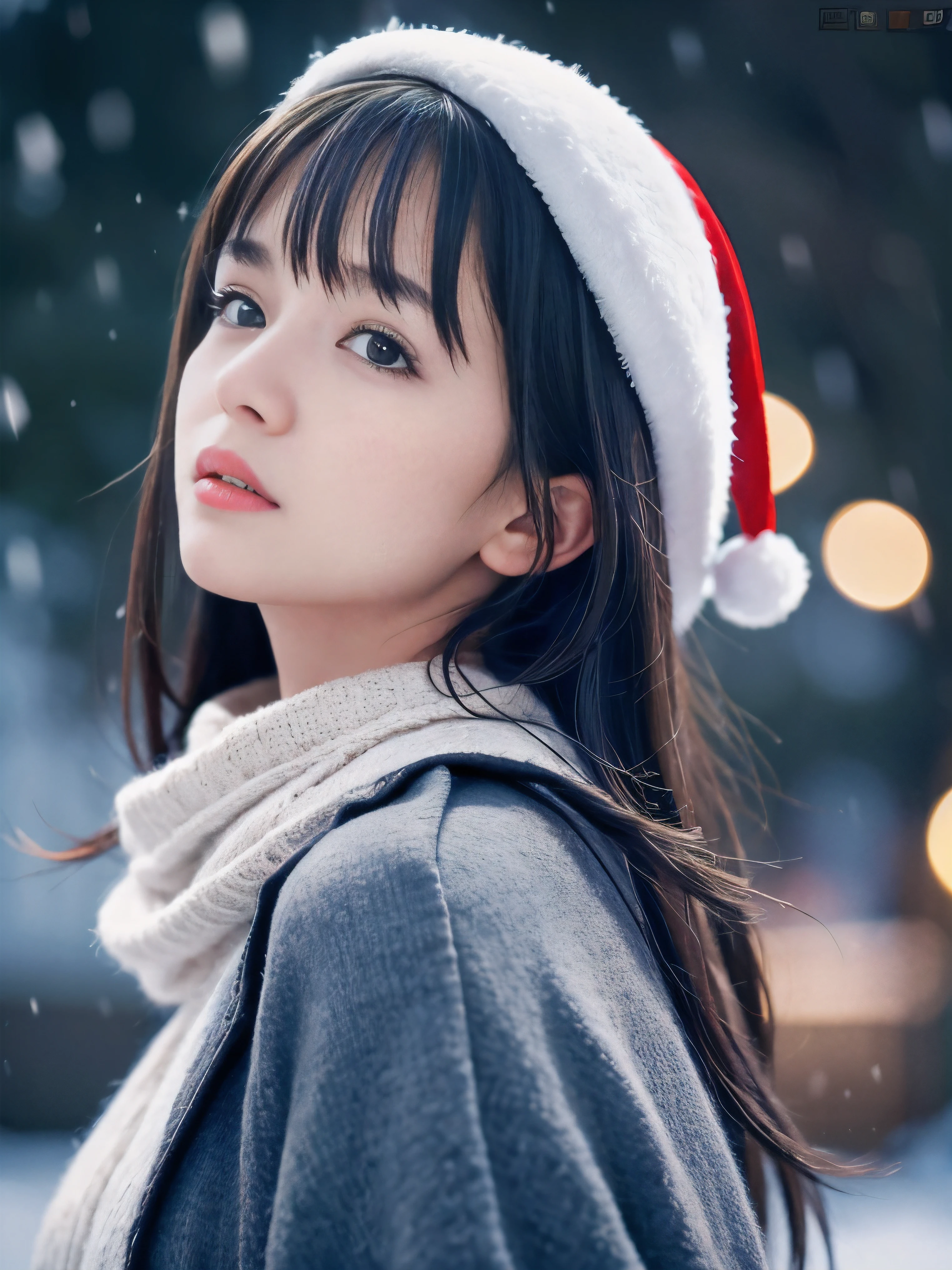 (Close-up face shot of one slender small breasts dark silver long hair with swept bangs girl in a winter long coat, knit sweater and  scarf:1.5)、(One girl is turn around with crying face:1.5)、(Very beautiful Christmas illumination night:1.5)、(Heavy snowing night:1.5)、(blurred background:1.5)、(Natural light:1.5)、(8k ultra detailed master piece:1.5)、(perfect anatomy:1.5)、(Photorealistic stick:1.5)、(Raw photo:1.3)、(highest quality:1.5)、(High resolution:1.3)、(Delicate and beautiful perfect face:1.3)、(Delicate and beautiful eye air skin:1.3)、(Real Human Skin:1.3)、((thin legs))