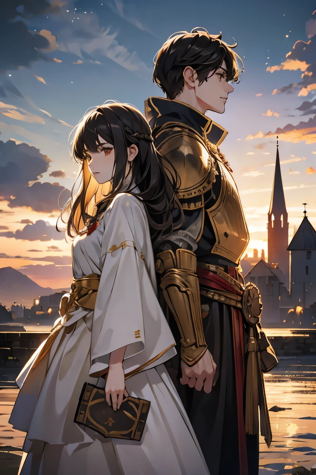  best quality、8k、　A knight in full-faced golden armor clutches a sword and shield、A dark-haired shrine maiden with medium long hair、 couple standing back to back 、There is a shadow of a spire in the background in the twilight sky 、 anatomically correct appearance 、Biologically Correct Appearance、