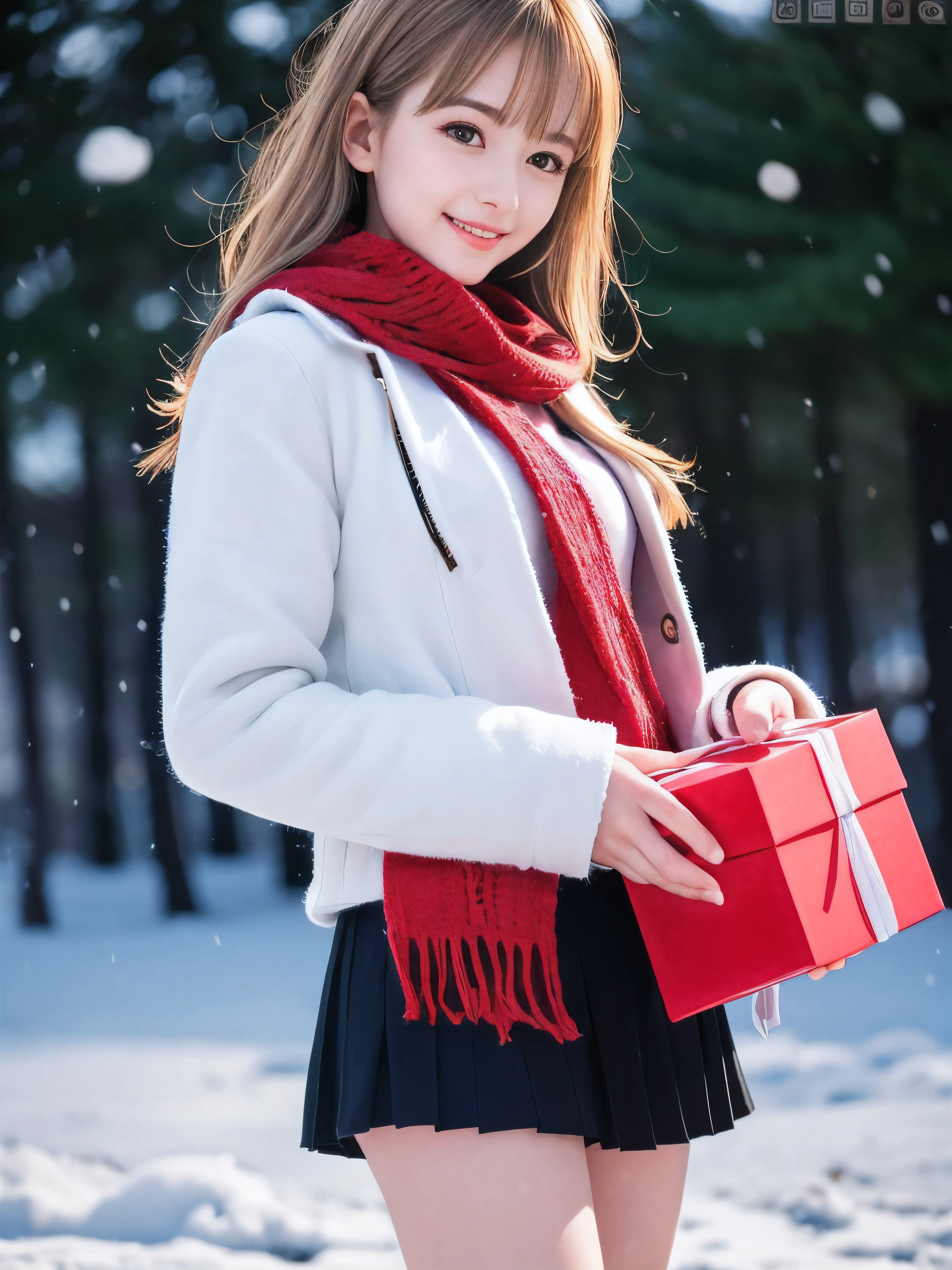 (Close-up face shot of one slender small breasts half up blonde long hair with bangs girl in a winter white long coat, knit sweater, skirt and red scarf:1.5)、(One blonde hair girl is holding a big gift box in arms with happy smile:1.5)、(Beautiful Christmas illumination night:1.5)、(Heavy snowing night:1.5)、(blurred background:1.5)、(Natural light:1.5)、(8k ultra detailed master piece:1.5)、(perfect anatomy:1.5)、(Photorealistic stick:1.5)、(Raw photo:1.3)、(highest quality:1.5)、(High resolution:1.3)、(Delicate and beautiful perfect face:1.3)、(Delicate and beautiful eye air skin:1.3)、(Real Human Skin:1.3)、((thin legs))