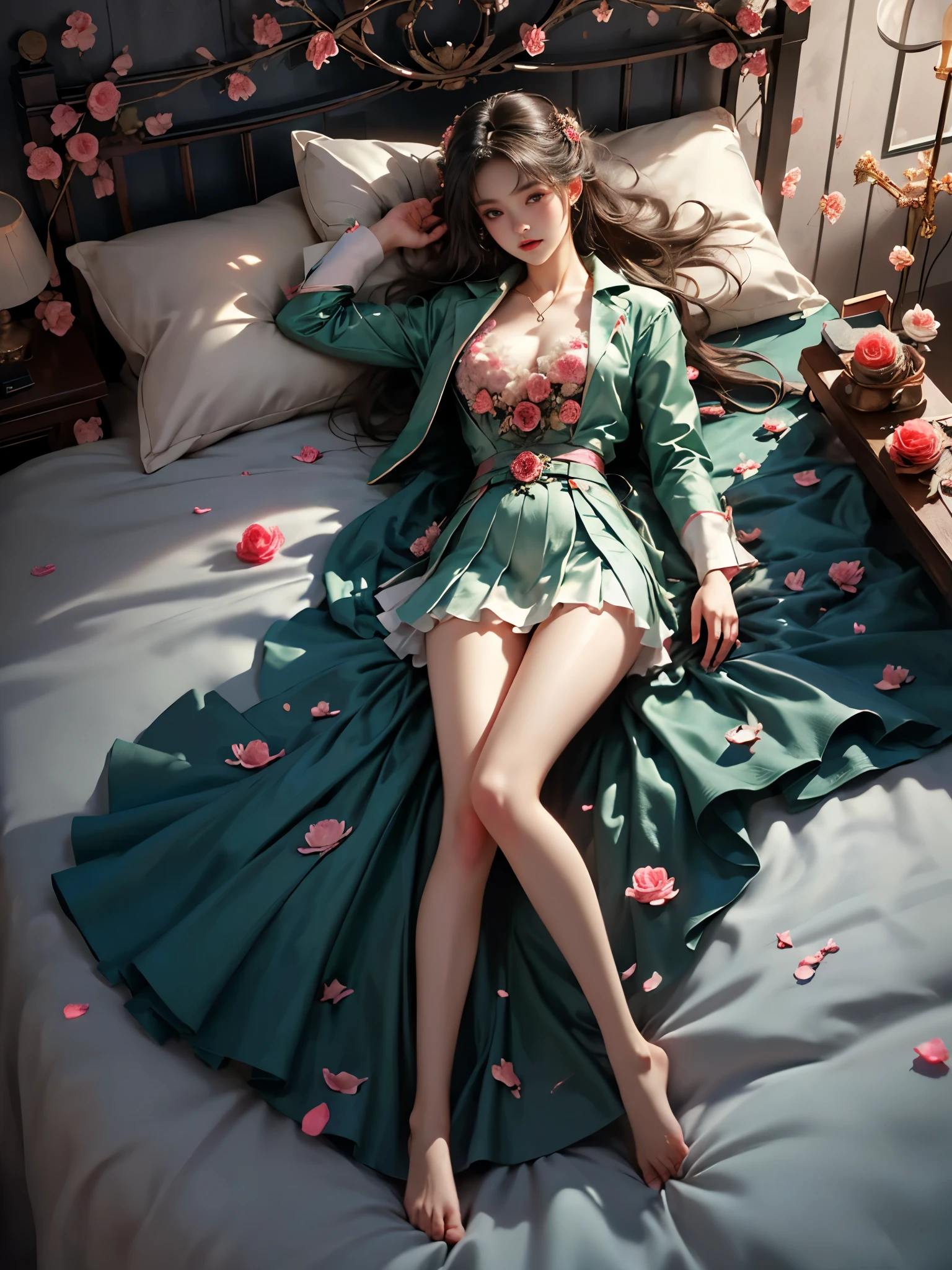 green jacket, white shirt, pleated skirt, neck tie, school dress (full body shot:1.4), ((Dark night, dark color)), ((At night, warm colors of light)), ((Scattered rose petals, many petals spread all over the bed)), (complete figure from head to toe:1.3), masterpiece, best quality, realistic gorgeous woman, (lying back on bed:1.3), (hips at bed edge:1.2), (buttocks resting on edge of bed:1.2), (legs fully visible:1.3), (Full breasts, visible cleavage), (The hemline is short, revealing sexy, slender legs), (legs naturally extended from bed to floor:1.4), upper body reclined back, nice hands, nice legs, looking up, (photographed from high angle showing entire body:1.3), (bird's eye view:1.2), (full body composition:1.3), (wide shot:1.2), soft ambient lighting, (photorealistic:1.3), detailed facial features, natural skin texture, 8k uhd, professional photography