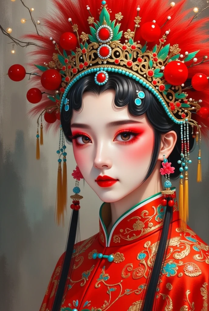  in a Chinese red opera costume、A painting of a woman wearing a crown , The scary Chinese Yuan Festival，Halloween，old and dilapidated red lantern