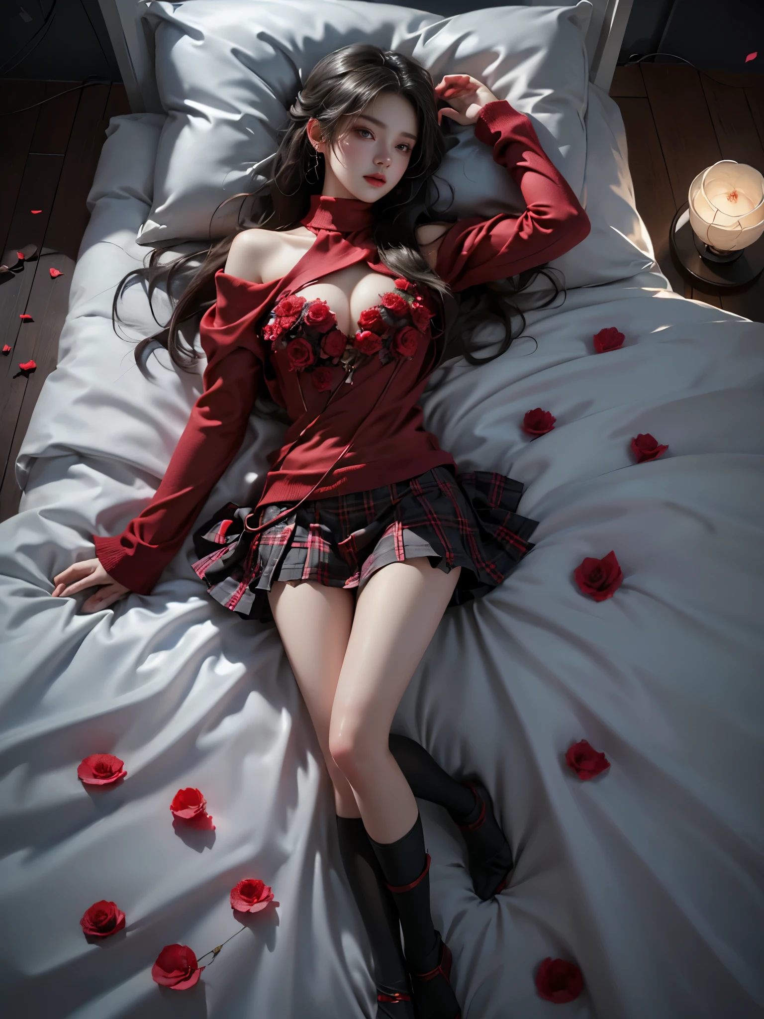 School Dress, thighhighs, plaid pleated mini skirt, red sweater, turtleneck, harness (full body shot:1.4), ((Dark night, dark color)), ((At night, warm colors of light)), ((Scattered rose petals, many petals spread all over the bed)), (complete figure from head to toe:1.3), masterpiece, best quality, realistic gorgeous woman, (lying back on bed:1.3), (hips at bed edge:1.2), (buttocks resting on edge of bed:1.2), (legs fully visible:1.3), (Full breasts, visible cleavage), (The hemline is short, revealing sexy, slender legs), (legs naturally extended from bed to floor:1.4), upper body reclined back, nice hands, nice legs, looking up, (photographed from high angle showing entire body:1.3), (bird's eye view:1.2), (full body composition:1.3), (wide shot:1.2), soft ambient lighting, (photorealistic:1.3), detailed facial features, natural skin texture, 8k uhd, professional photography