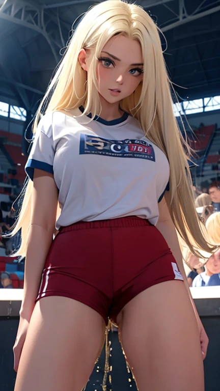 masterpiece, best quality, 8k, best light, shadows, perfect anatomy, 1 girl, 26 years old, mature, europe girl, blonde middle hair, straight hair, pretty eyes, black eyes, tight sport shirt, tight gym shorts, tight blue short, huge ass, breast, thighs, naughty, seductive, pretty, hot, spicy, stadium background, peeing self, wetting self, pee stain, pee flowing through her shorts down her legs, pissing herself, grabbing own breast