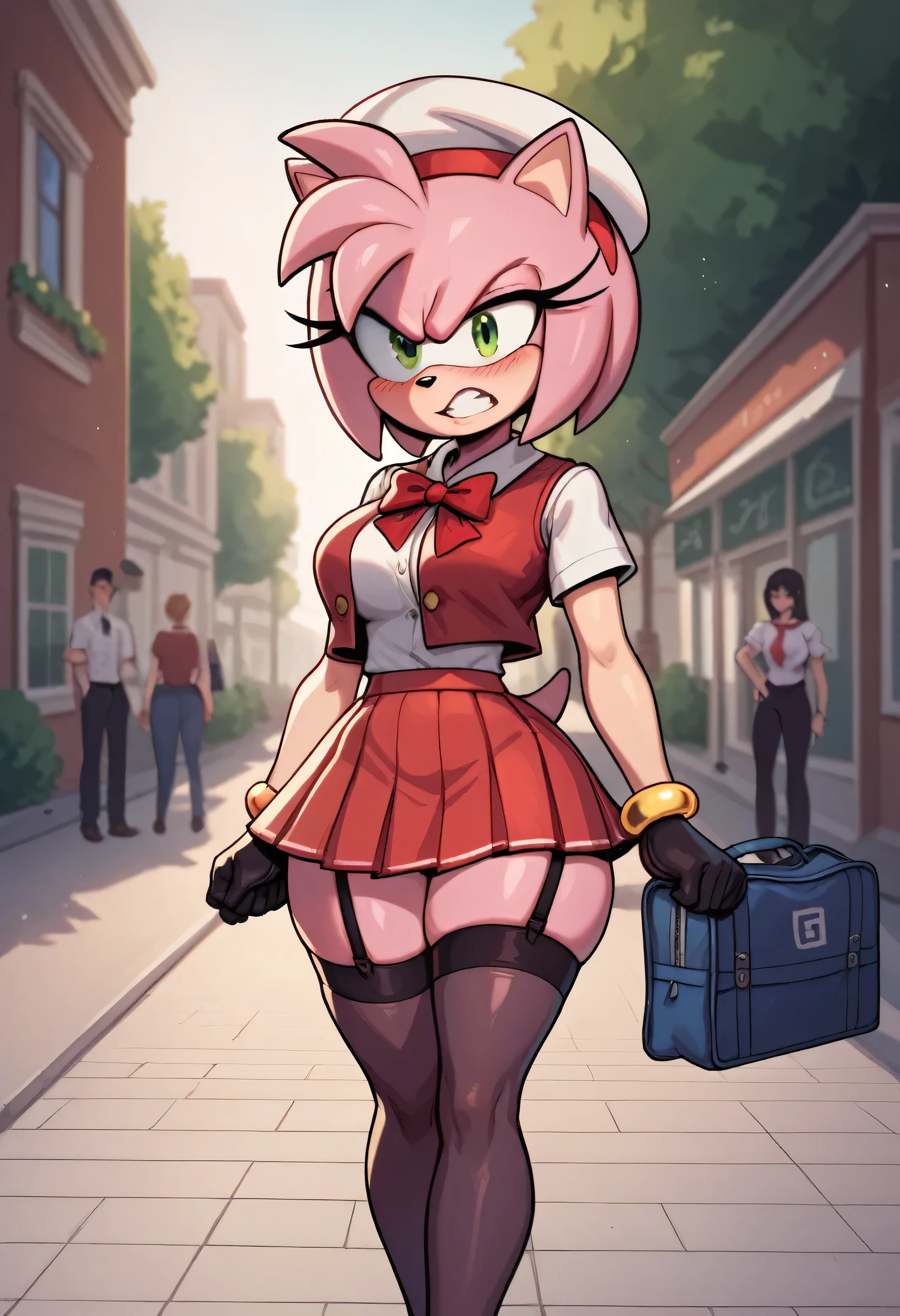 Amy rose,angry look, blushing,schoolgirl vest, sailor hat , long hair ,,schoolgirl skirt, Green eyes,black stockings with straps,,  black gloves , small hips , large breasts,small hip,  Big Thighs,   walking on the street ,a lot of buildings in the background, at sunset  