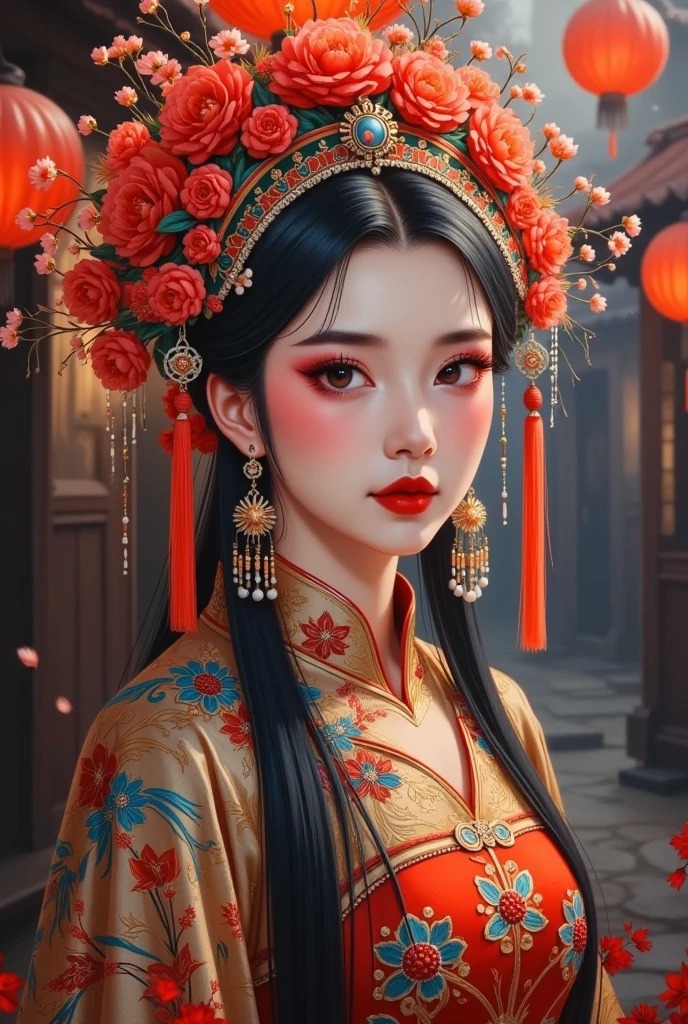 A painting of a woman wearing a Chinese costume 、 wearing a flower crown, The scary Chinese Yuan Festival，Halloween， Red lantern 