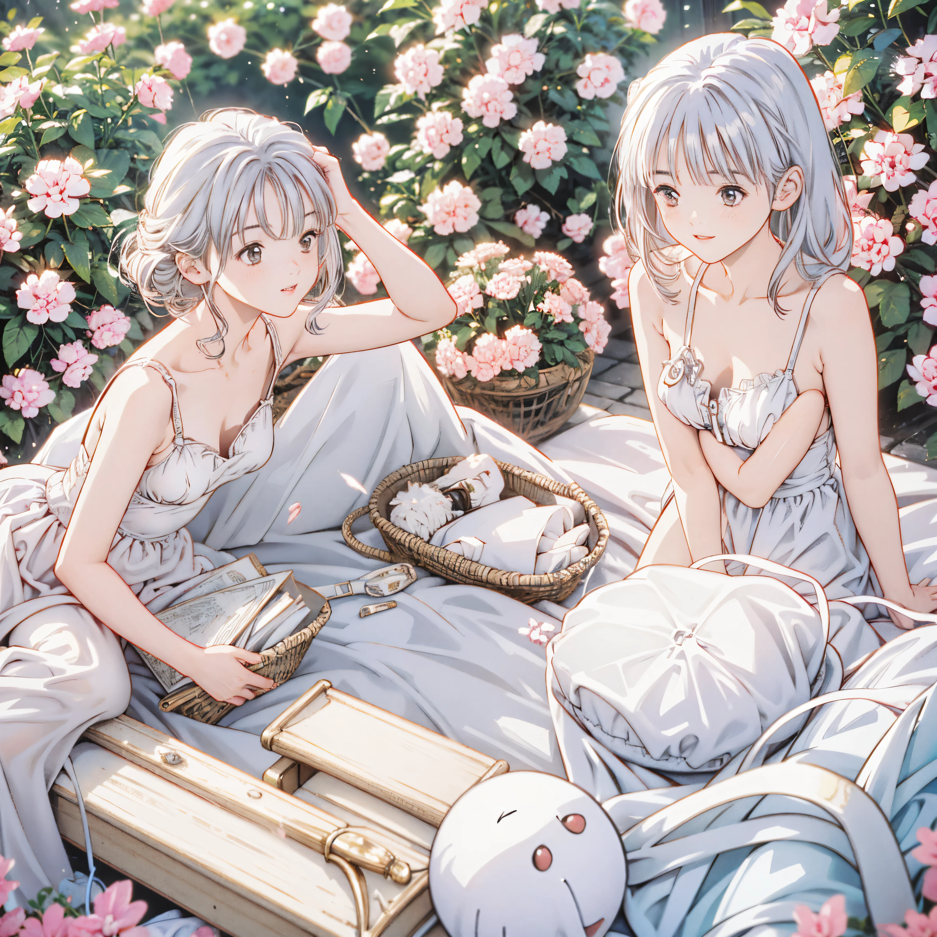 cat、 Silver Hair、White clothes、smile、Good friends、Travel Bags、Carnation、background Greece、Angel、