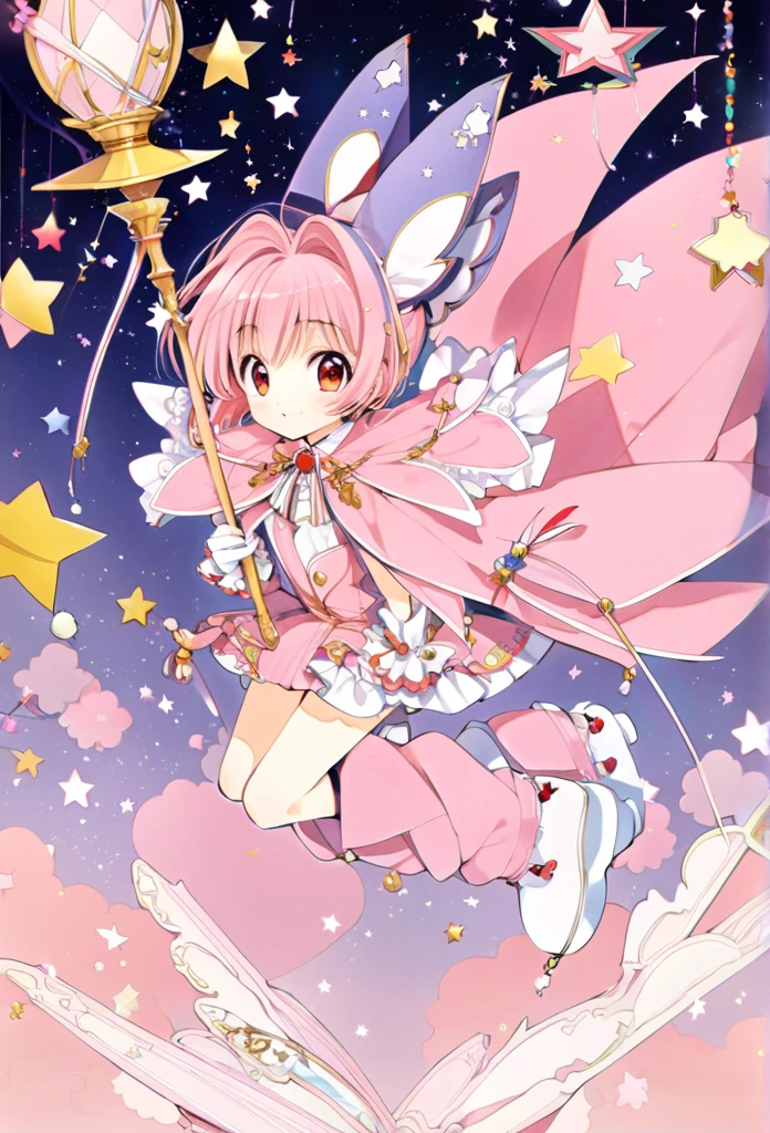  Cardcaptor Sakura,Pink Cape,Witch&#39;s Clothes,Cane Decorated with Stars and Feathers , White Foldable Short Boots,Ruffled gloves