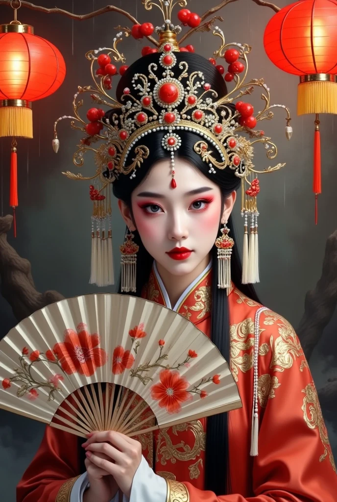  in a Chinese red opera costume、A painting of a woman wearing a crown , Zigzoku，Folding fan，The scary Chinese Yuan Festival，Halloween，old and dilapidated red lantern