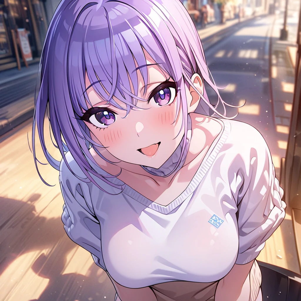 (masterpiece),(best quality),(ultra-detailed),(best illustration),(best shadow),(absurdres),(detailed background),(very aesthetic), 1girl, Alone, yes suzuki, casualoutfit, portrait, seductive smile, open mouth, blush, medium breasts, portrait, looking at viewer, open mouth, sweater, t-shirt, thighhighs, white legwears, purple  hair, purple eyes,
, スカートをめくる、Underwear with blue lace 、 tongue、 and I'm drooling、目がハート