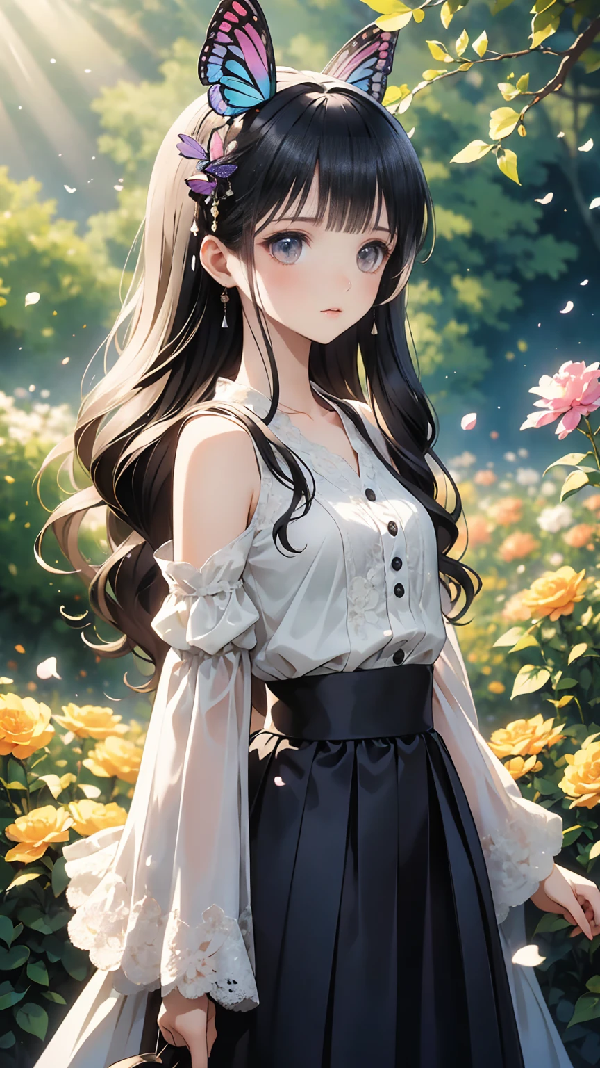 Shinobu Kojo,Ultra-realistic 8k CG，masterpiece，（（ highly detailed background， delicate pattern ， complex details））， best quality at best， The pages are highly detailed.，ดวงตาและfaceที่มีรายละเอียดมาก， Highly detailed eyesight， Shinobu Kasu， colorful  hair， no bangs ， Hair consumption，Purple Eyes，amount， black shirt ， black pants，Haori， butterfly ，button，band，（熱band庭園：1.2），Purple Flower，tchibi，mostly cloudy null， sun rays ， Tyndall effect， Color Gradients _null，face，beautiful null，Sabre on waist，An attractive posture， 1 girl, Alone, whole body, (masterpiece:1.21), ( best quality:1.2),  colorful , (Illustration:1.2), ( Movie Light :1.1), (Bare shoulders:1.21), (clavicle:1.21)  In this strange and wonderful garden， There is a rainbow in this scene.（ Multicolored fireflies）Shine，null中を舞う。 soft（Drizzle） Garden decoration，There was a teenage girl standing there.。In the center of the screen，It enhances the sense of romance and beauty.， A very delicate young woman，Cute face， pure expression。 Her long hair fluttered in the wind。You will see flower petals fluttering all around you.， Highlighting her delicate curves。 The light is so delicate and beautiful.，Creates a  soft and warm glow，Focus on the water surface，Make it Shine like a diamond.。The finest grass is also Shined， Creating a lush carpet。The garden is surrounded by fields of  colorful  flowers.， Flowers of all colors and shapes bloomed.。It adds to the overall sense of wonder and magic.（ colorful  butterflies） Flying around the scene，It is a scene of pure magic and enchantment.。 （gentleman）， A blush on the bridge of her nose.， Her mouth was slightly open.，Also、 Innocence and youth々 The whole .。It helps to increase the overall energy and vitality.，It creates a gloomy and impersonal atmosphere.。Gentle Breeze， The leaves were crunching.，Swaying flowers，The viewer will be mesmerized by this charm and allure.。It adds to the overall sense of romance and beauty.， Full of color and beauty，You can see different colors and sizes.