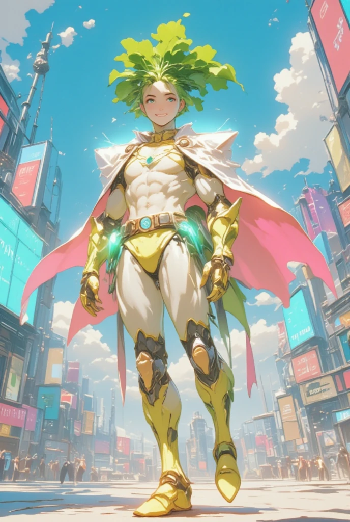 Create an illustration of the superhero character 'DAIKON' in a futuristic cyberpunk setting, capturing the essence of high-tech and neon-drenched aesthetics. DAIKON is portrayed as a dynamic character with a bright and energetic disposition, sporting a pair of stylish bikini pants and a technologically advanced cape that glows with a neon aura. His appearance should feature a blend of modern and traditional materials, with armor elements incorporated into his attire, embodying both strength and innovation. The background is a sprawling, neon-lit cityscape filled with towering skyscrapers and digital billboards. The scene is vibrant and bustling, reflecting the ceaseless energy of the metropolis. DAIKON's smile is infectious and charming, enhancing his role as a relatable hero. The use of saturated colors such as electric blue, vivid pink, and lime green accentuates the cyberpunk theme while emphasizing the character's unique identity. This image captures DAIKON as a protector of the digital age, merging traditional heroism with futuristic flair.