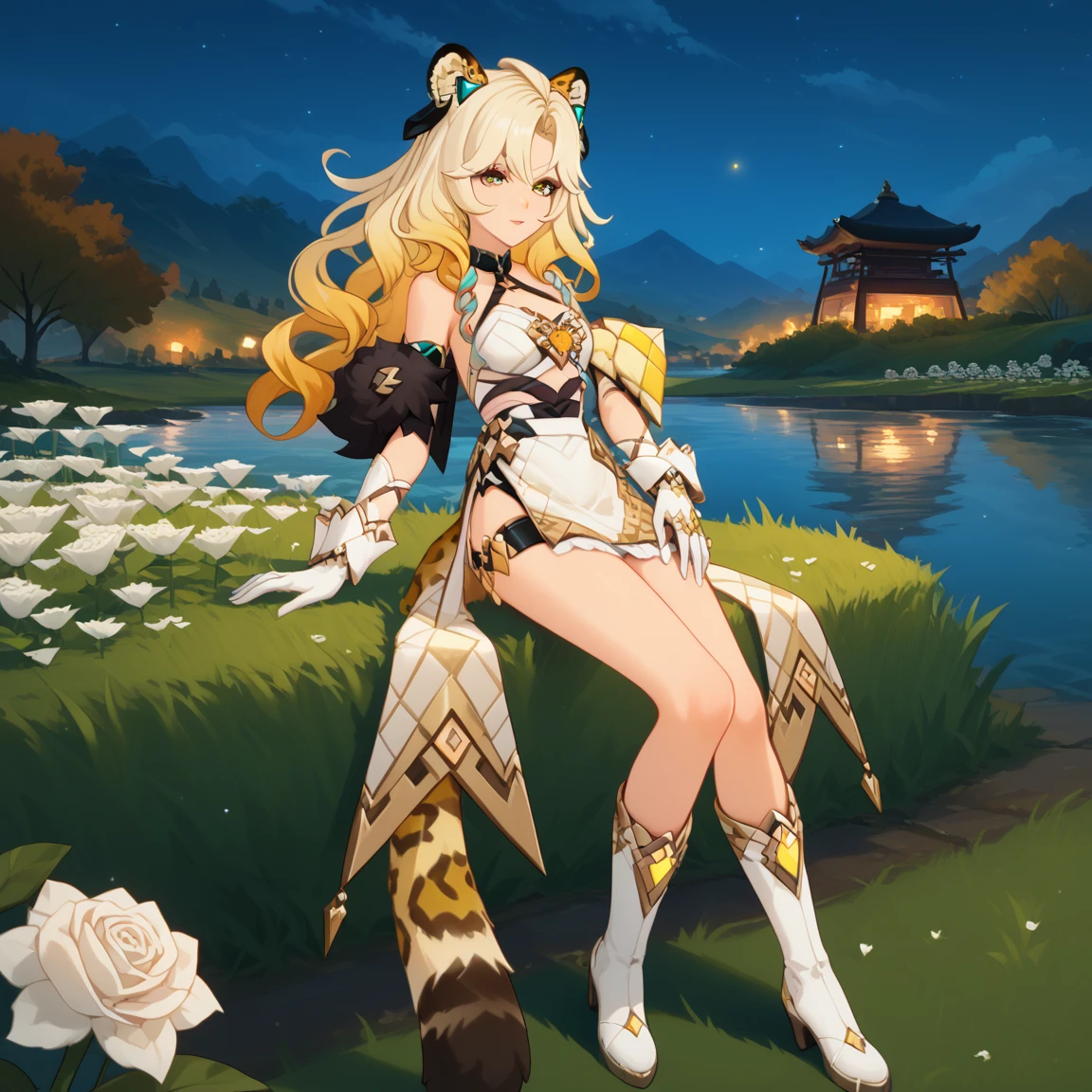 1girl, dress, jewelry, blonde hair, flowing hair, long hair, solo, white roses, jaguar ears, jaguar tail, firefly, oriental architecture, Chinese maid dress, yellow laces, white boots, gold details on her clothes, night, lake on the background, seat on the grass, a garden scenery, white roses, flowers, more details, perfectly body, perfectly hands, two hands, two legs, two arms, five fingers, glowing hair, best quality, gloves, white gloves, choker, detached sleeves, magical girl, white dress, strapless, skirt with layers, frills