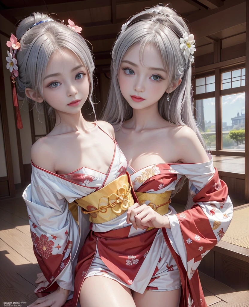 ((alone、A woman wearing a flower pattern kimono、Elegant woman posing:1.4、Detailed face、brightexpression、medium beautiful breasts,young, bright, Whiter skin、Best Looks、Ultimate beauty、White hair with shiny highlights、Shining bright hair,、Trim your hair:1.2、Hair dancing in the wind))(White base background、Beautiful transparent glass flowerysterious lighting effects)((Off-the-shoulder style、Expose your shoulders、Expose the neck、Exposing cleavage:1.2))The sleeves of the kimono are connected((Flower pattern kimono:1.3)