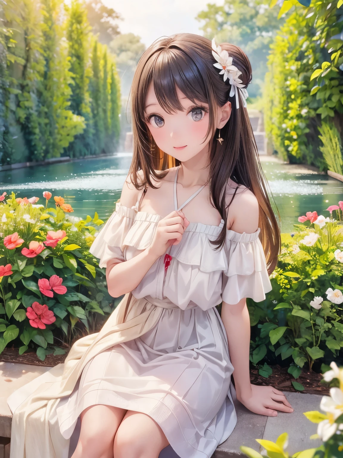  An Animated Character ， with long brown hair ， with two white bows on her hair The soft light and bokeh effect of the ， off-shoulder white skirt ， background blur，An outdoor scene ， has soft light and bokeh effect ， adds an atmosphere of fantasy and wonder ， composition emits a serene beauty ， background makes you feel immersed in a fairytale world， Ultra High Resolution， delicate brushstrokes Vivid 。
