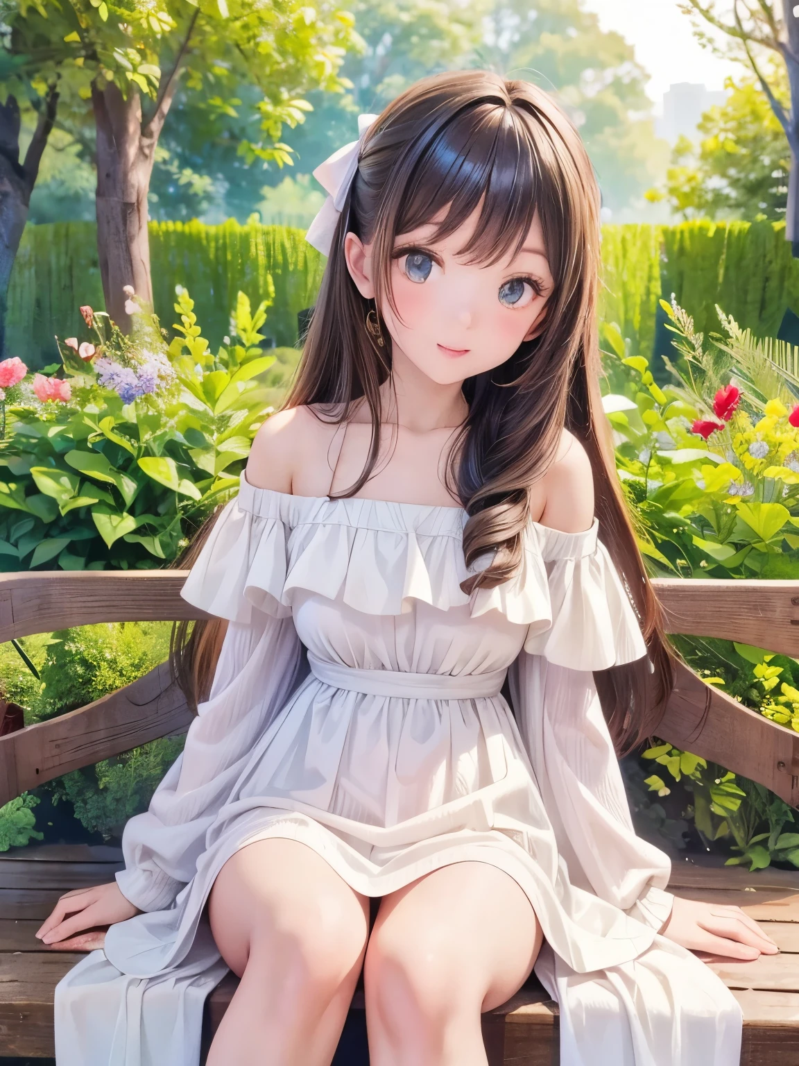  An Animated Character ， with long brown hair ， with two white bows on her hair The soft light and bokeh effect of the ， off-shoulder white skirt ， background blur，An outdoor scene ， has soft light and bokeh effect ， adds an atmosphere of fantasy and wonder ， composition emits a serene beauty ， background makes you feel immersed in a fairytale world， Ultra High Resolution， delicate brushstrokes Vivid 。
