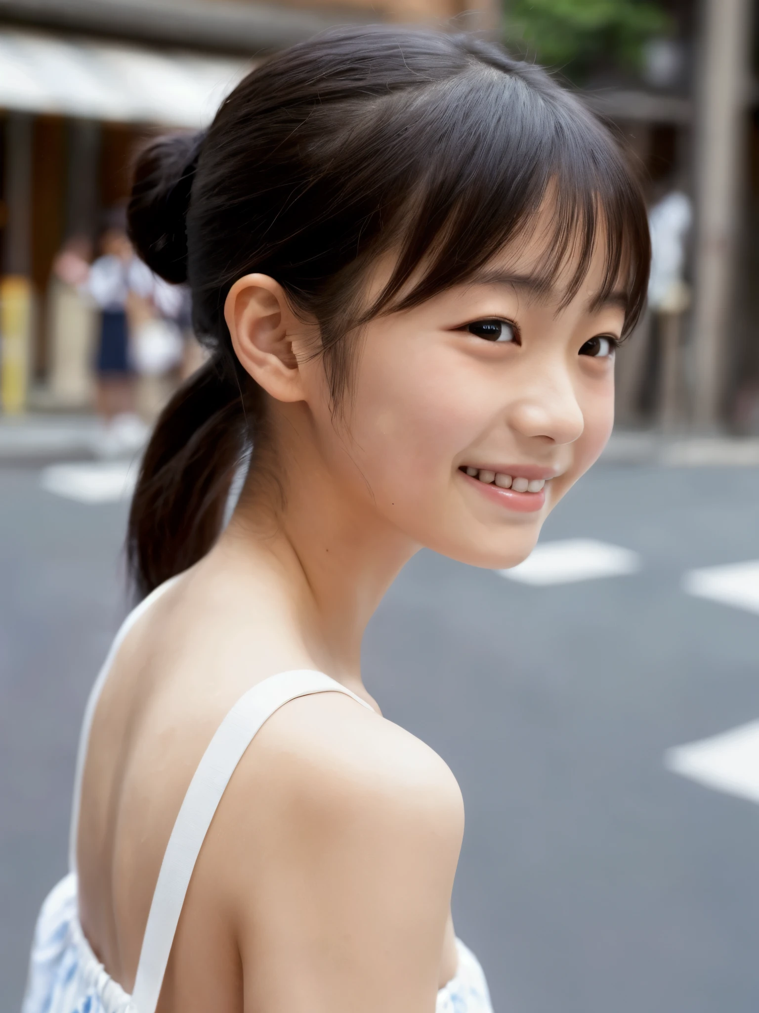 20 years old , smiling ,Wear a white top, short detailed hair, star hairpins.