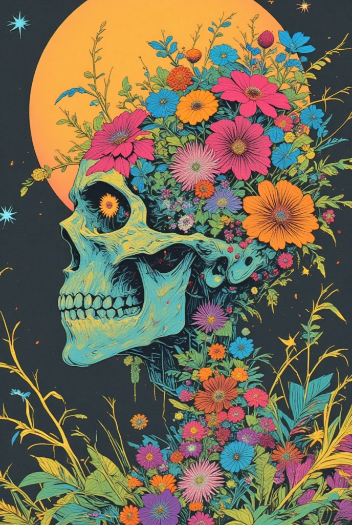  Illustration of a man with a skull ,  colorful flowers blooming from his skull、 lsd tattoo design ,  Psychedelic Illustrations , alex pardee, His head is a skull ,  Inspired by Josep Pushman , Shamanistic horror LSD art, LSD Trip, retro  Psychedelic Illustrations , , Man with a skull contemplates life,  illustration Daily Deviation ,  colorful illustrations, Psychedelic Space Horror