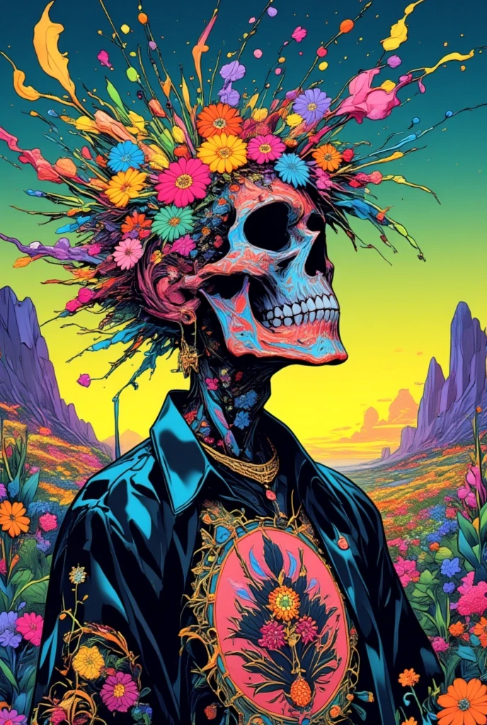  Illustration of a man with a skull ,  colorful flowers blooming from his skull、 lsd tattoo design ,  Psychedelic Illustrations , alex pardee, His head is a skull ,  Inspired by Josep Pushman , Shamanistic horror LSD art, LSD Trip, retro  Psychedelic Illustrations , , Man with a skull contemplates life,  illustration Daily Deviation ,  colorful illustrations, Psychedelic Space Horror