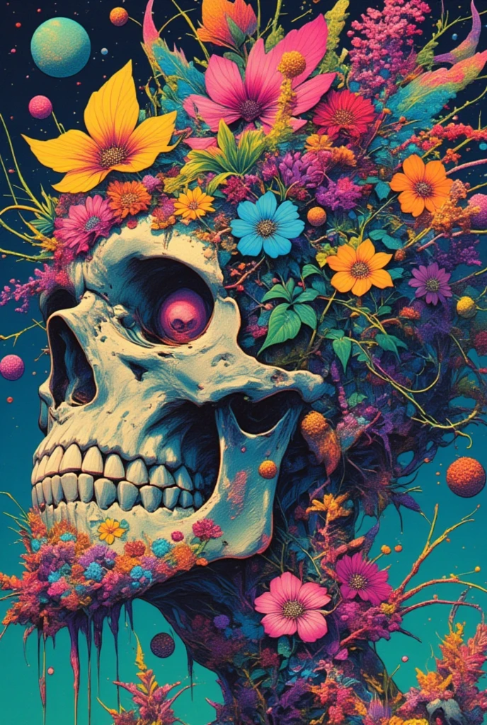  Illustration of a man with a skull ,  colorful flowers blooming from his skull、 lsd tattoo design ,  Psychedelic Illustrations , alex pardee, His head is a skull ,  Inspired by Josep Pushman , Shamanistic horror LSD art, LSD Trip, retro  Psychedelic Illustrations , , Man with a skull contemplates life,  illustration Daily Deviation ,  colorful illustrations, Psychedelic Space Horror