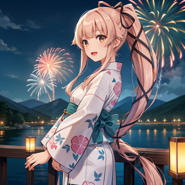 (( best quality)), ((masterpiece)), (  Details), ( ultra high resolution)、yurakainikc 、
 long hair、 hair bow 、 ponytails bleeding from the vagina、
 perfect face、超 Detailsな肌、(Accurate Fingers、Accurate hands)、 perfect body for a lawn、
(Delicate yukata)
whole body、 standing、( cowboy shots 1 and 3)
Open Mouth Smile、 camera from the side、
Night Sky、Beautiful fireworks landscape、 professional lighting、８k、