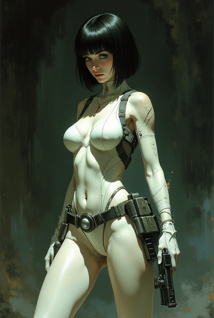 1girl,Frank Frazetta fantasy oil painting, fashion photography, dark background, (Viking's girlfriend. futuristic style), Bench shooting with a sports pistol. A graceful female shooter in a tight white suit. wide hips, futuristic pistol in hand, standing posture with outstretched hand with a pistol, aiming, short black hair in bangs, green eyes, hooked nose, hip holster, nose freckles. Depth of field, masterpiece., . full body. An otherworldly atmosphere, Mysticism.