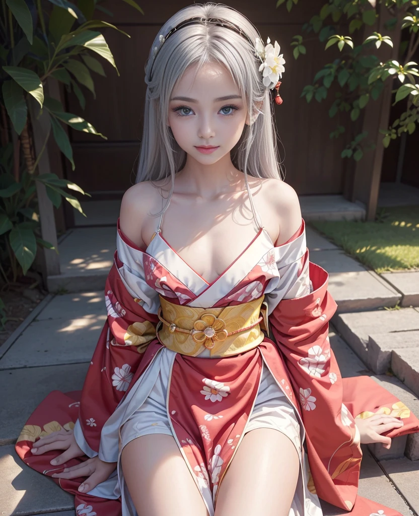 highest quality、masterpiece、Super high resolution、(Photoreal:1.4)、Raw photo、1 girl、((gray hair))、Full body Esbian、big and full breasts、Super exposed cleavage、erotic、erotic expression、choker、double eyelid、Loose and fluffy perm、medium long hair、Pleated skirt with slit、Staring at us with your whole body、Close up in black and white kimono, creation, hakama kimono, anime cosplay, onmyoji, generally,, high quality costumes, Complex, flowing magic robe, bathrobe, japanese kimono、((korean teenager ))、((Korean Female Idols))++、((human girl))、((baby face))、