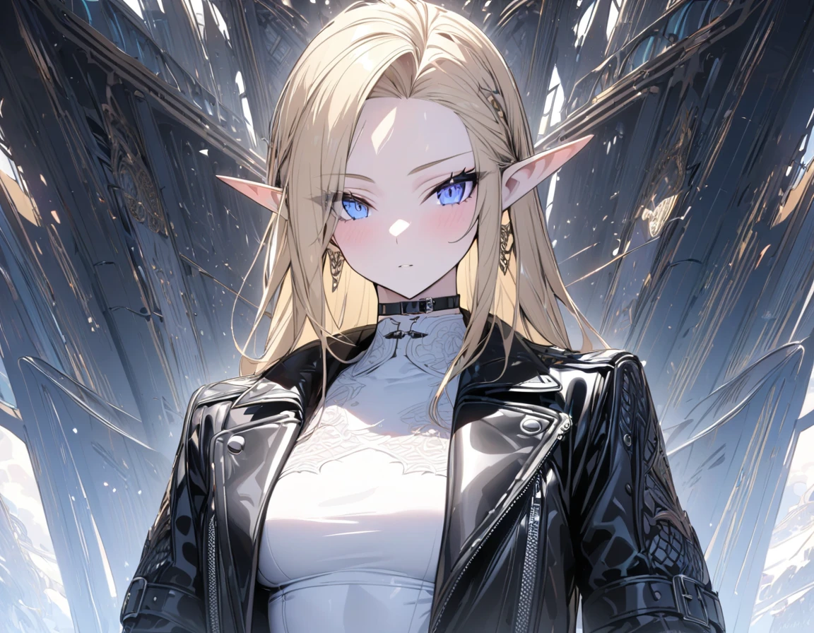 (((Best quality, 8k, Masterpiece: 1.3)), ((best quality)), ((masterpiece)), (detailed), perfect face, perfect body, (detailed skin:1.3), (intricate details), Elf, pointy ears, blonde hair, slicked back, ((Leather jacket)), white tank top, leather pants, wide belt, buckle, Choker, Sidelong glance, near-future city, Fashion model