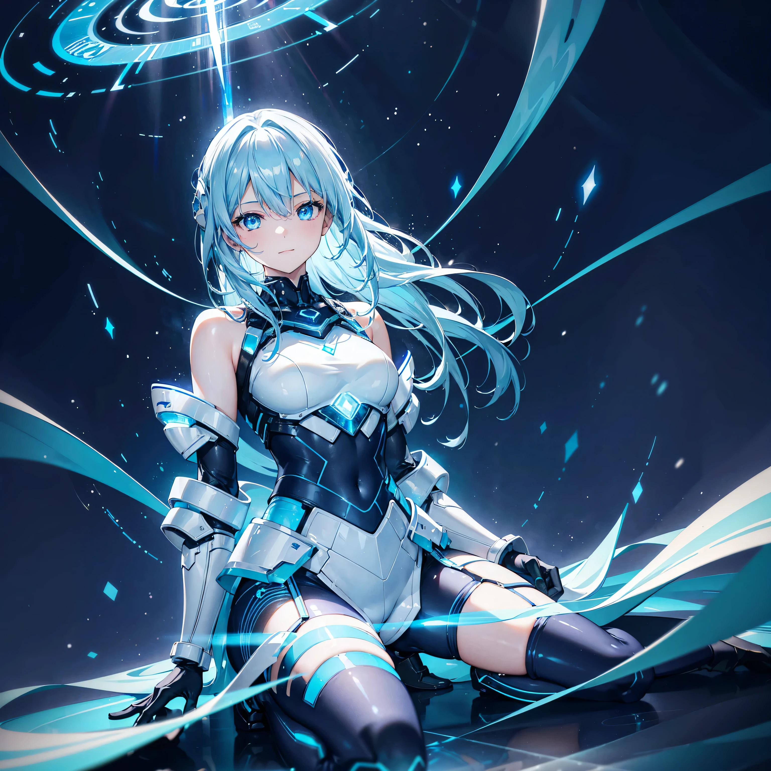((Holographic glow effect)),8k, Highest quality, (real:1.4), Original photo, 1 girl, Asari Hair, Biological Amplifier, refined armor, posture: Peace talks between warring factions, smart blue eyes,whole body,Vortex of Light,Band of Light,Wind of Light