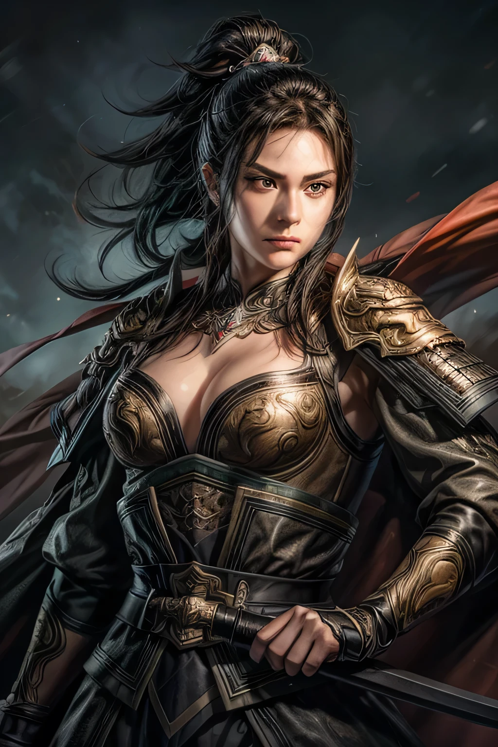18 years old beautiful female chinese swordman, wearing leather armor, black hair, full body, ultimate detail, 8k, UHD,close-up, full-length potrait, centered, character potrait, fantasy art, fantasy concept art, cinematic lighting, highly detailed