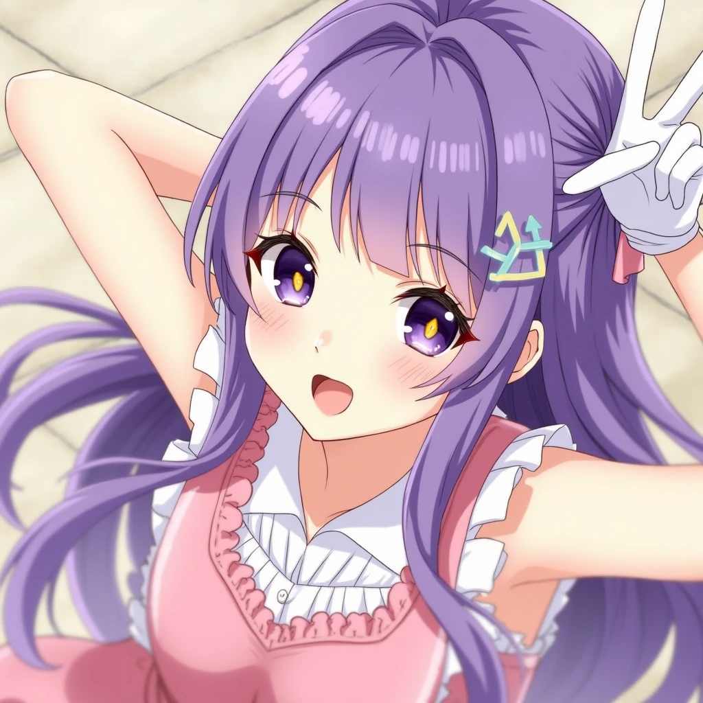 Hosino Ai, gloves, tongue sticking out, tongue, long hair, star (symbol), watch viewer, (purple hair: 1.2), purple eyes, upper body, hair ornament, ruffles, pink shirt, smile, sleeveless, shirt, idol, symbol shaped pupil, hands raised, bangs, one side up, star-shaped pupils, arms raised, dresspull, roaring twenties, isometric, from above, full body, rembrandt, Illustration, detail, depth of field, looking at the viewer, peace sign, hand raised, tongue out, highest quality, high resolution.