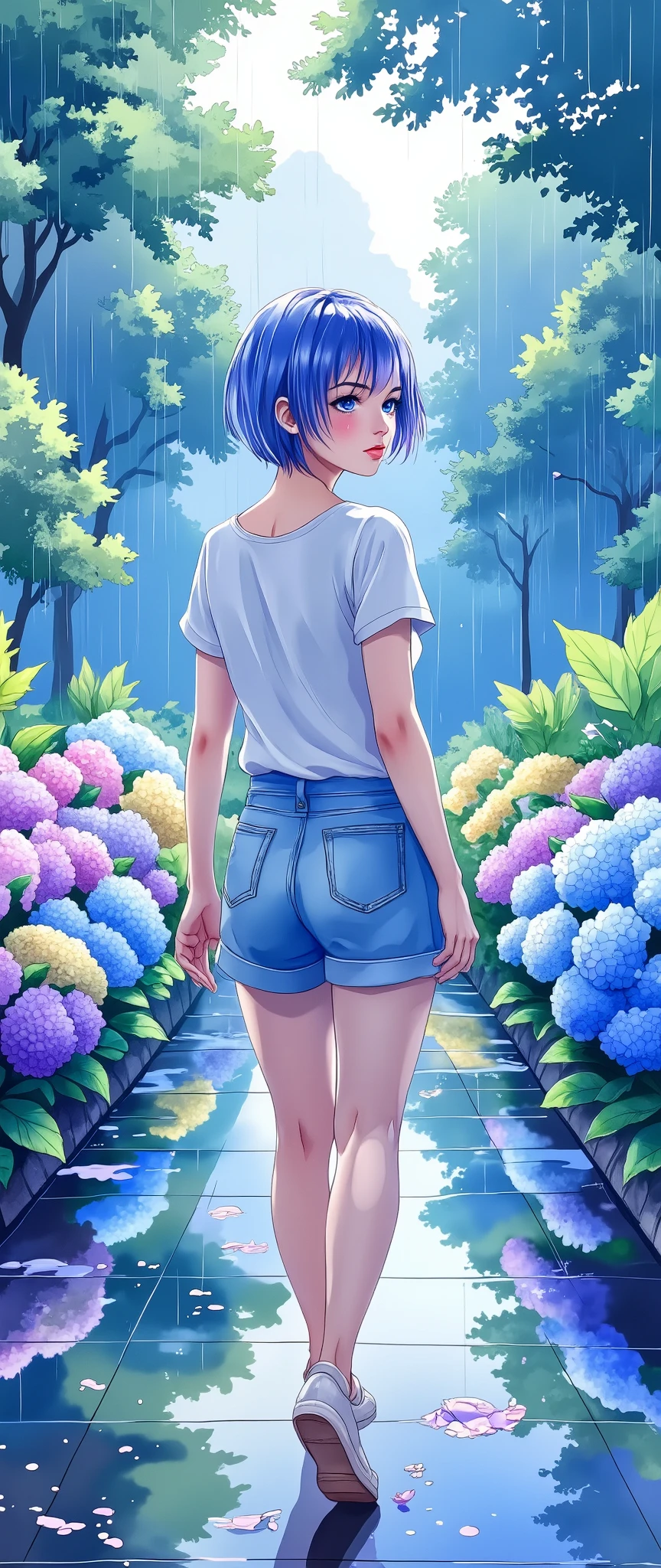 (masterpiece), ( best quality), ( super detailed), (Illustration),1 female,The theme is a woman walking in the rain, beautiful eyes, short bob, blue hair , casual outfits, beautiful gradation , (Beautiful hydrangea road :1.6),( blue based design ),( back view),( women turn around here:2.0),(rain:1.6),( depth of writing:1.6),(dynamic),( face up:2.0),( beautiful face:2.0),( beautiful eyes:2.0), anime artwork, Flat Color ,80s anime style