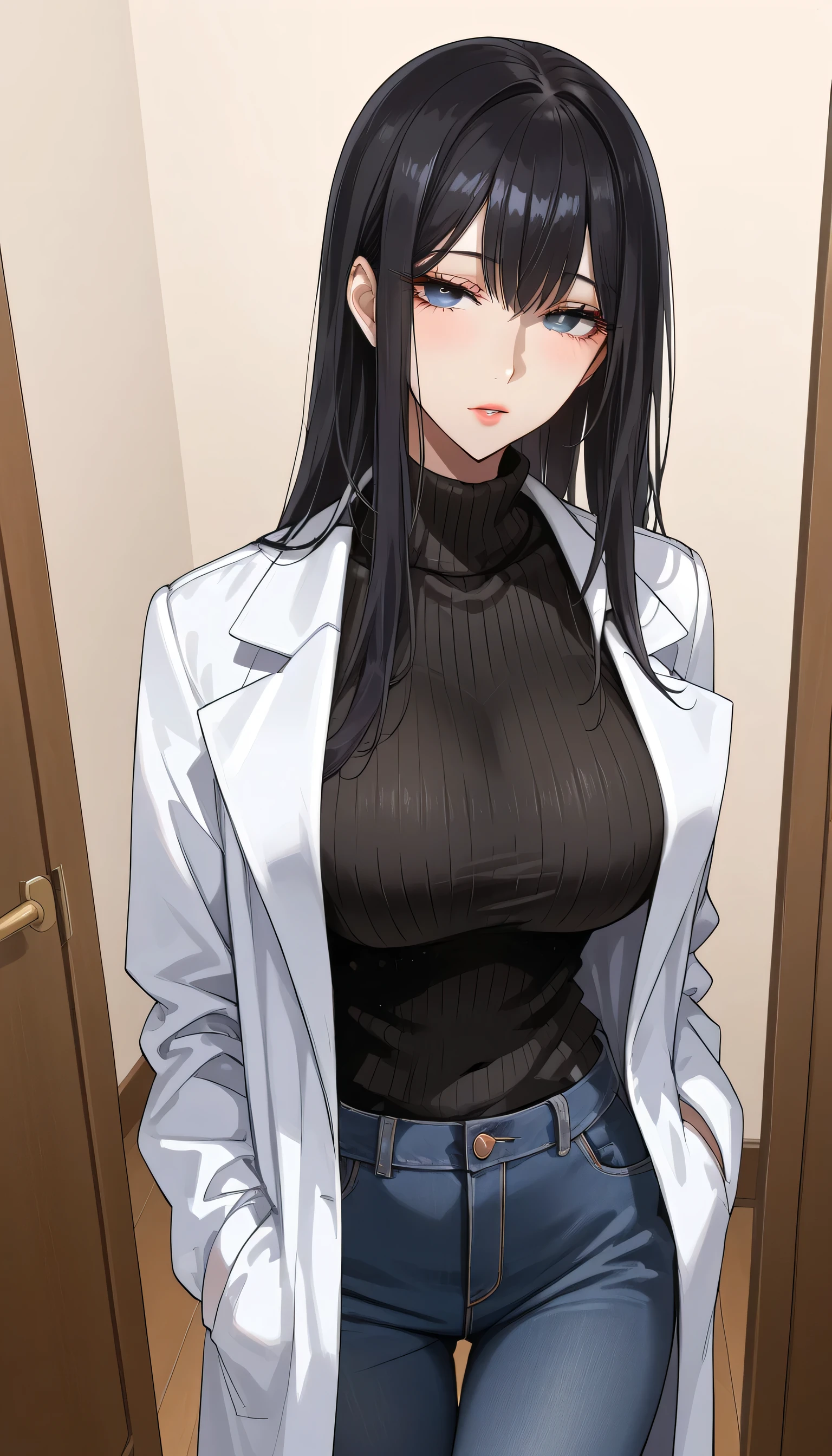 score_9, score_8_up, score_7_up, source_Anime,masterpiece, best quality, BEAUTIFUL AND DETAILED EYES , beautiful detailed lips, very detailed eyes and faces, long breasts, 1 female, Put on a white coat、sweater under a white coat, black sweater 、Black Skinny、 long pants , Big saggy breasts, shockingly Big Breasts , Big Breasts , room, No Emotion 、 zitales, taken from above、バストup、makeup、 no makeup、 black hair、 long hair、 zitales、A tired face