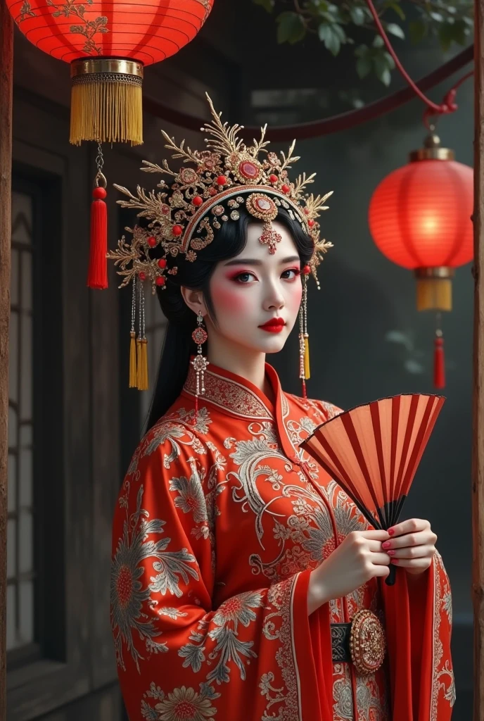 Seen from the window， in a Chinese red opera costume、A painting of a woman wearing a crown ,  Chinese horror，Female performer ，Zigzoku，Folding fan，The scary Chinese Yuan Festival，Halloween，old and dilapidated red lantern