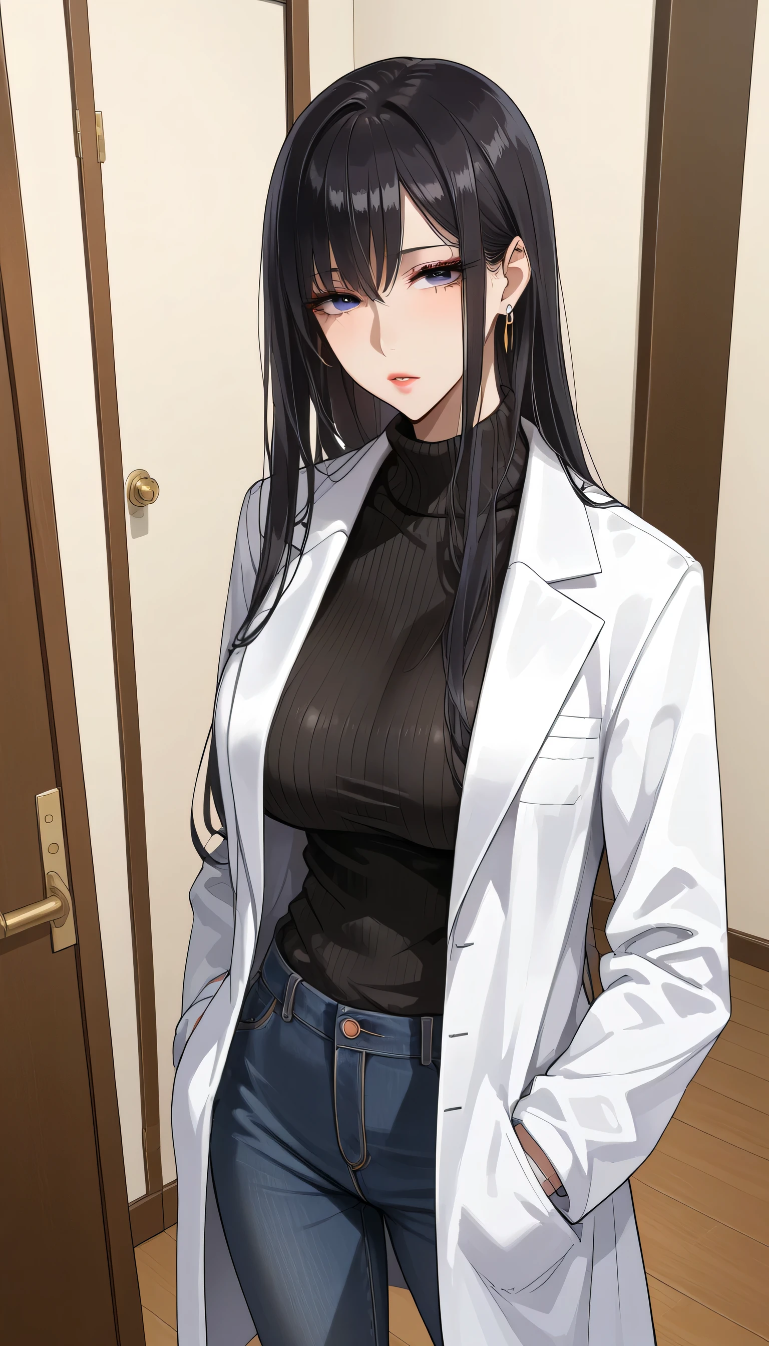  score_9,  score_8_up,  score_7_up,  source_Anime,masterpiece, best quality, BEAUTIFUL AND DETAILED EYES ,  beautiful detailed lips,  very detailed eyes and faces, long breasts, 1 female, Put on a white coat、sweater under a white coat,  black sweater 、Black Skinny、 long pants  , Big saggy breasts, shockingly  Big Breasts ,  Big Breasts , room,  No Emotion 、 zitales,  taken from above、バストup、makeup、 no makeup、 black hair、 long hair、 zitales、A tired face