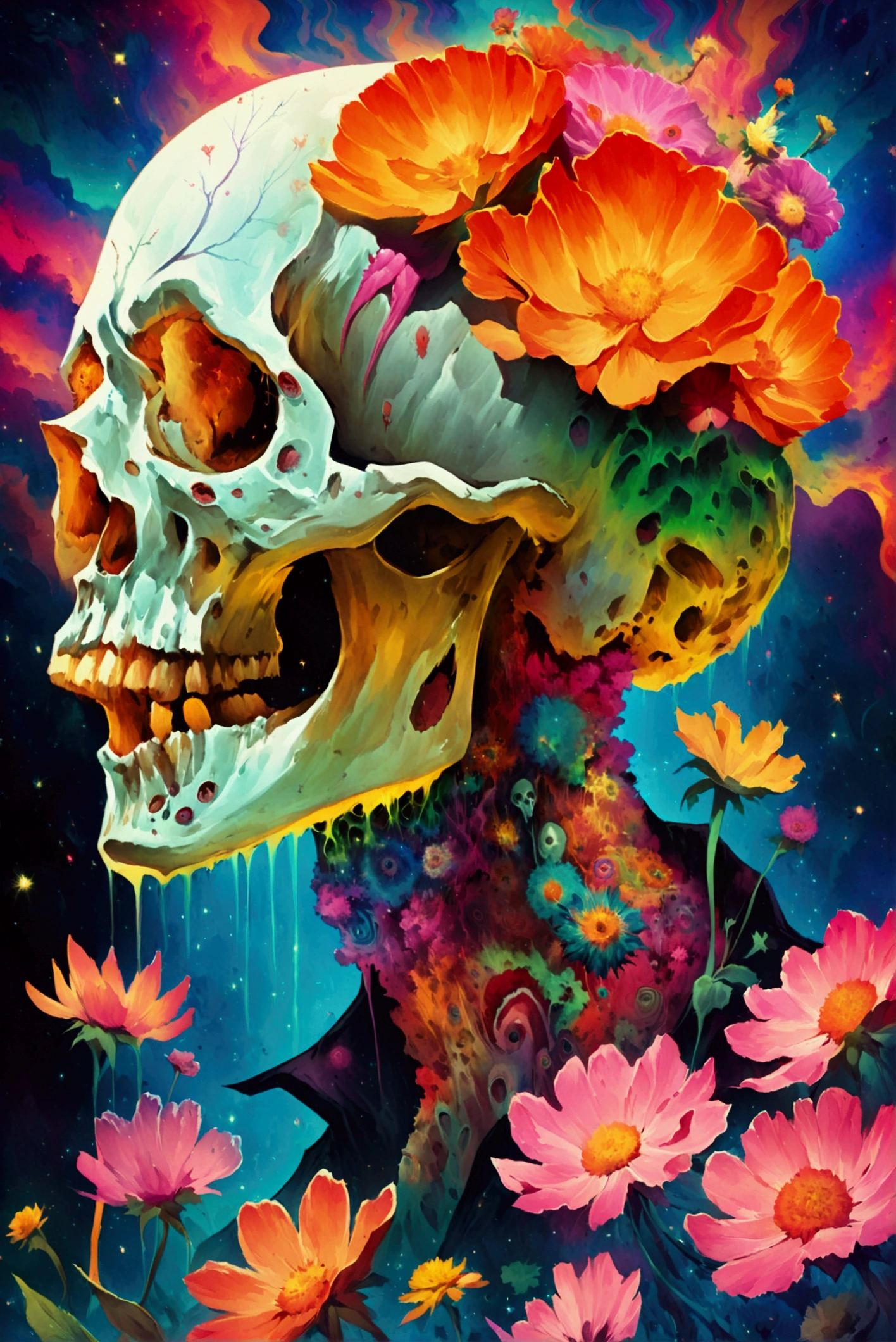 pixel sorted，Drawing of a human metal polished skeleton on black background,A rainbow surrounds the skull，Form different structures， Stunning rendering, Magical rainbow elements,Brilliant circular rainbow composition，Circular composition，Solitary