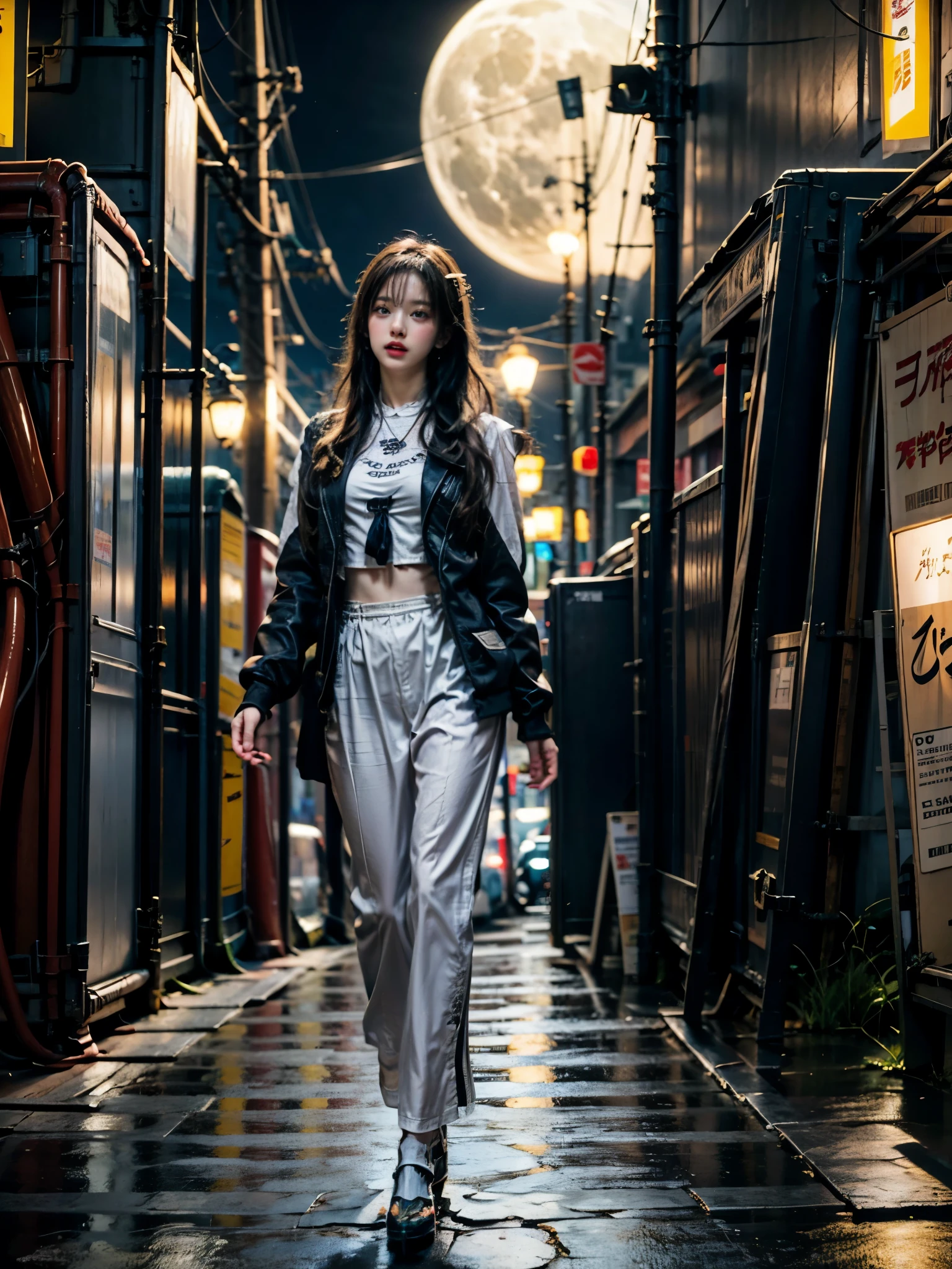 (masterpiece),( best quality),( super detailed),( best illustration),( vest shadow ),( Nonsense),( detailed background) Vintage 80's anime art style,  Cyberpunk Aesthetics ,  Cyberpunk City with Neon Lights,  Pretty Girl in a Futuristic Cop Uniform ,  very cute ,  1 Japanese idol , 20 years old , Looking Up at the Sky from the Rooftop , Late Night, City of Smoke , full moon,  close