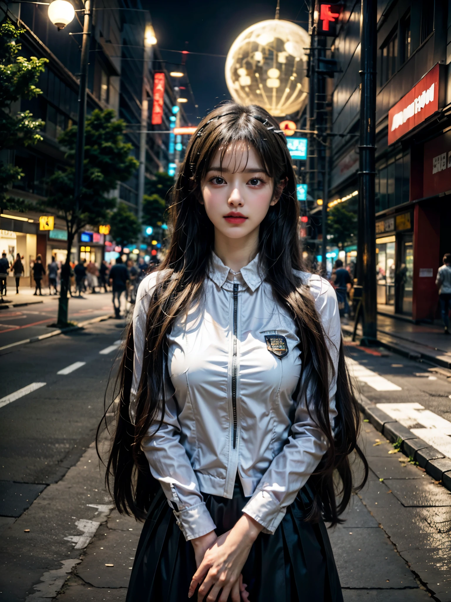 (masterpiece),( best quality),( super detailed),( best illustration),( vest shadow ),( Nonsense),( detailed background) Vintage 80's anime art style,  Cyberpunk Aesthetics ,  Cyberpunk City with Neon Lights,  Pretty Girl in a Futuristic Cop Uniform ,  very cute ,  1 Japanese idol , 20 years old , Looking Up at the Sky from the Rooftop , Late Night, City of Smoke , full moon,  close