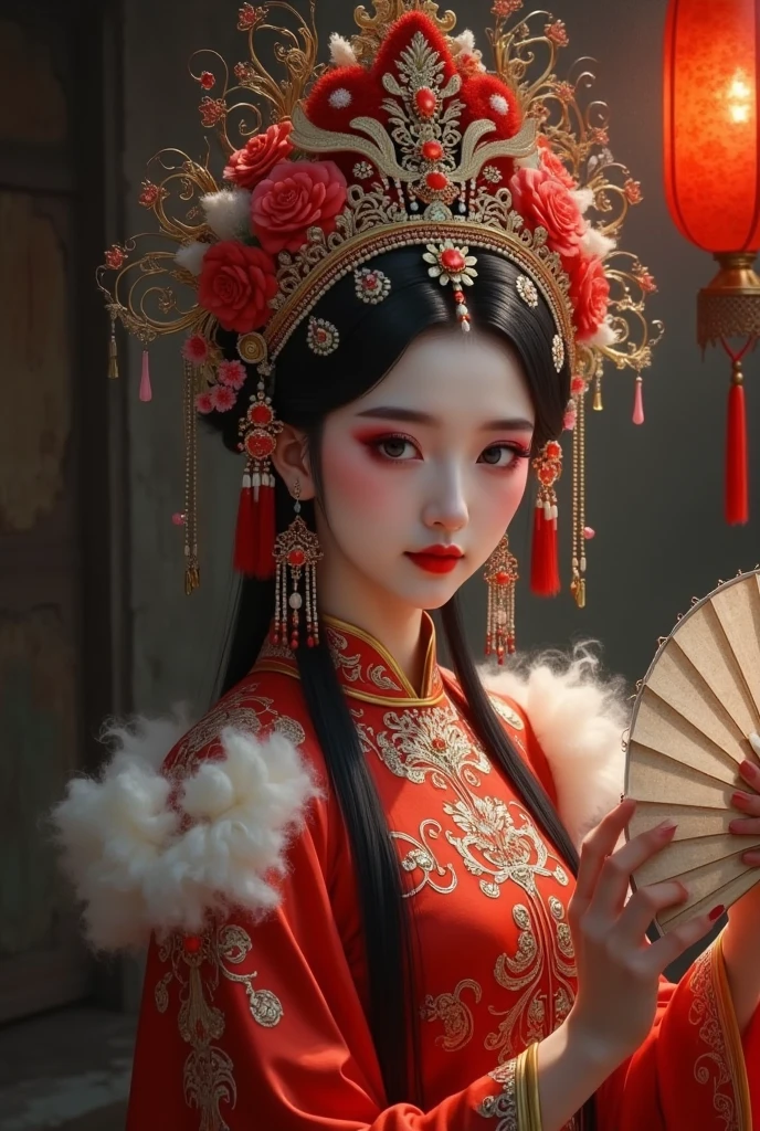  in a Chinese red opera costume、A painting of a woman wearing a crown ,  Chinese horror，Cloud shoulder tassel，Female performer ，Zigzoku，Folding fan，The scary Chinese Yuan Festival，Halloween，old and dilapidated red lantern，Body movements，Motion blur remnants，Will-O-Wisp