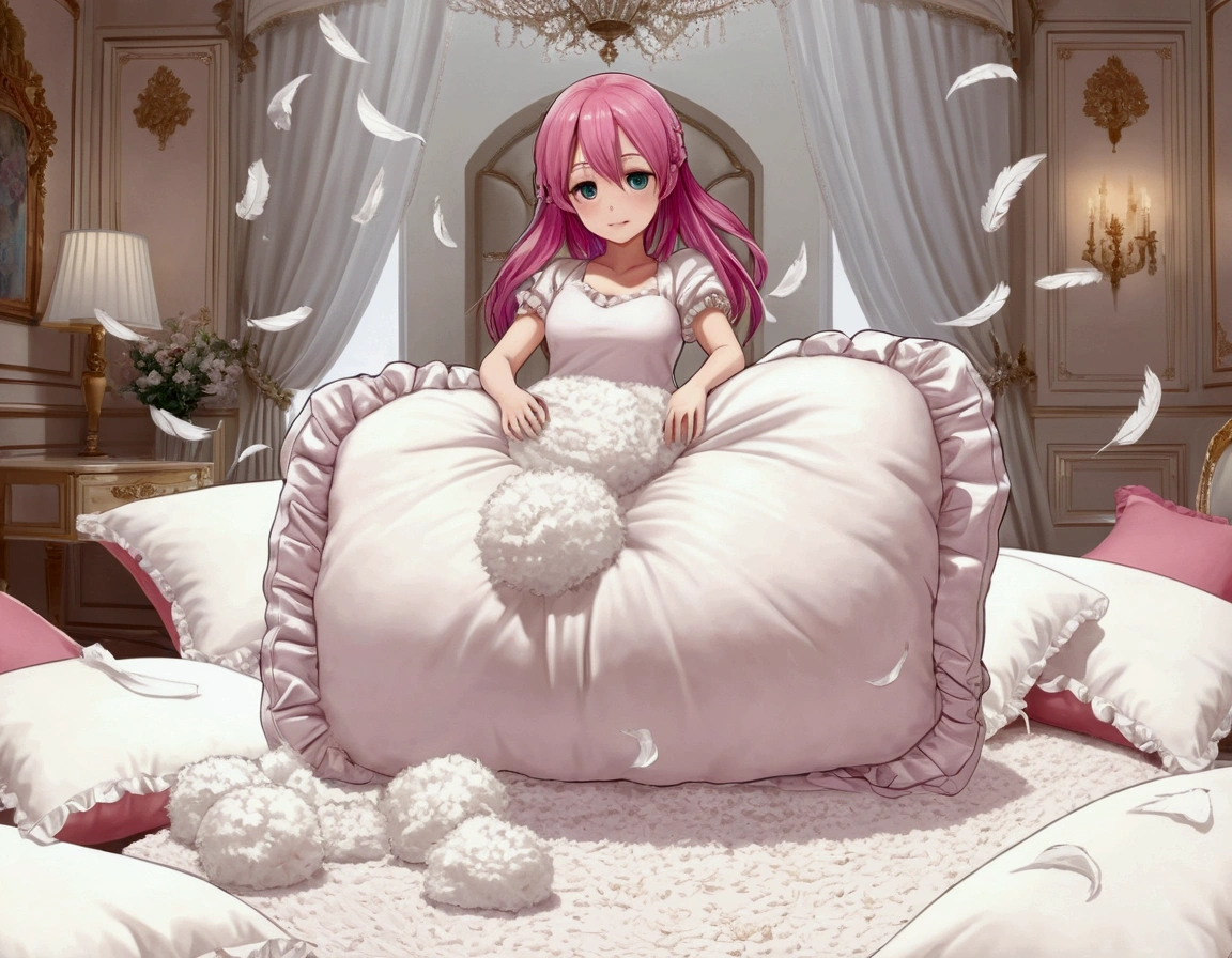(best quality， masterpiece) , details, (Light and shadow oxtail) , Cute girl posing on pillow ，Pillow, Upholstered，Soft pillow，（Pillow），The love surrounding the protagonist，steam，(Luxury Pillow），（Gorgeous pattern pillow），luxurious pillow, standing,（Love around the protagonist），（pillow）, long hair, frilled pillow , ((pink pillow))  , 1 pillow, standing on a top of pillow, on pillow, big pillow, fluffy pillow, pillow damage, stomping pillow, stonping, pillow on floor, stepping on pillow, posing on top pillow, full body, pillow on floor, (((pink hair))), hatsune (princess connect), (((feathers))), pillow destroy, ripping pillow, tearing pillow in half, feathers everywhere, cotton, stuffing pillow, purple eyes, hair rings, star hair ornament, pointy ears, knife, kichen knife, holding knife