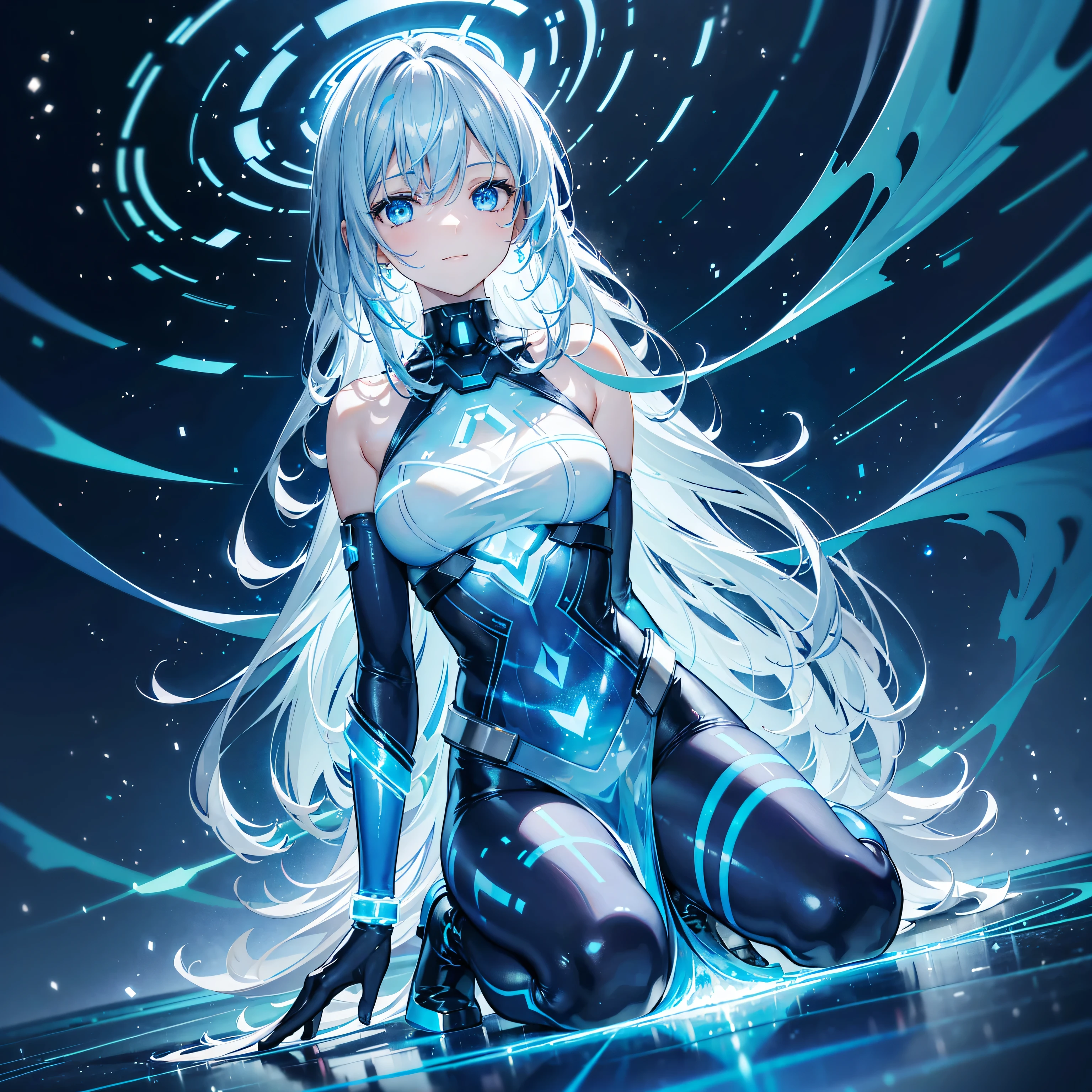 8k, Highest quality, (real:1.4), Original photo, 1 girl, Asari Hair, Biological Amplifier, Very sleek and futuristic armor, posture: Peace talks between warring factions,,attention arousal, smart blue eyes,A modest smile,Knee-high boots,Patent-look blue tights,Blue big moon and blue light swirl in the background,Blue light from behind,blue light magic,A small, glowing blue ball in the palm of your hand,Blue flame swirl,Blue Comet,Polished floor,