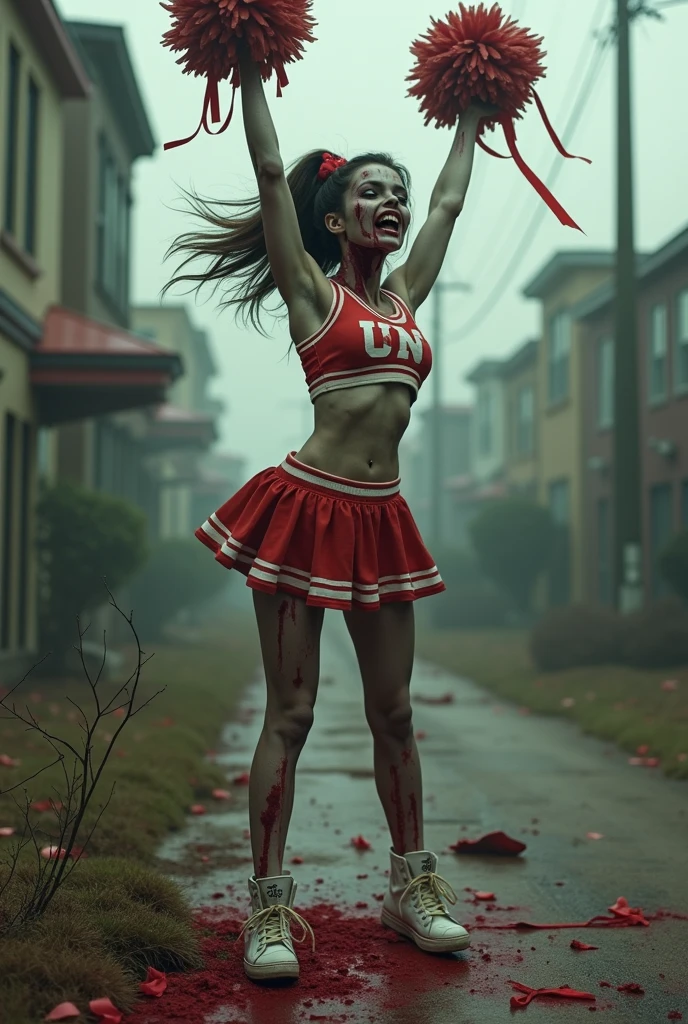 zombie cheerleader woman walking down a path, a very beautiful bloody woman, athletic fashion photography, forest hunter lady, fantasy photoshoot, urban fantasy, realistic fantasy photography, fantasy photography, monster girl, savage, walks away from the forest, horror photography, urban fantasy style, realistic cosplay