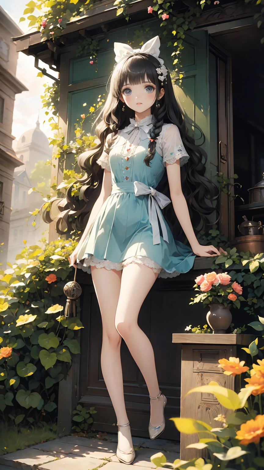 Unbeatable masterpiece, Ultra photo realsisim , Perfect artwork , Intricate details , Best quality , Strong light , High contrast , Dynamic pose , Dutch angle , ((Depth of field)) , 1 girl , ((white flowers)) , gothic victorian architecturewatercolor (medium) , colored pencil (medium) , aesthetic ,intricate , detailed background , looking_at viewer , Sayaka Miki(girl wearing an intricate \(long teal victorian dress):1.2) ,(walking in white flower garden) , casual pose , posing , ((whitecapelet)) , bustle , corset , rufles , lace , petticoat , hoop skirt ,puff sleeves , water , water droplets , pearls , outdoors , (whiteflower petals) , (teal dress) , sky , (white thigh-high) , straighthair , hair spread out , floating hair , white hairband , aqua eyes .best quality,