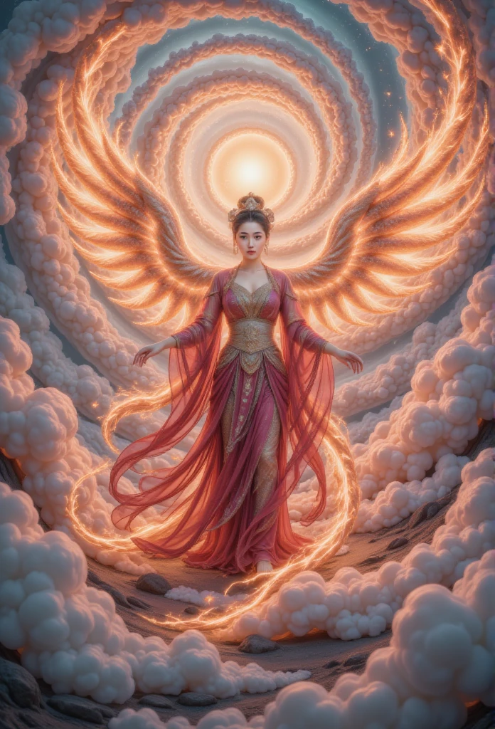 one lady， twilight ，Spiral Cloud，back，(Hyper-Reality:1.4)，Phoenix，Chinese，Chinese Mythology，Firebird，cough ，ferocious，Huge，Red eyes，Covered by flames ，Clouds and mist， scene is ， full body portrait， 高度细致的Hyper-Reality视觉特效，oc rendering， - AR 16: 9 --q 2 --s 1000 